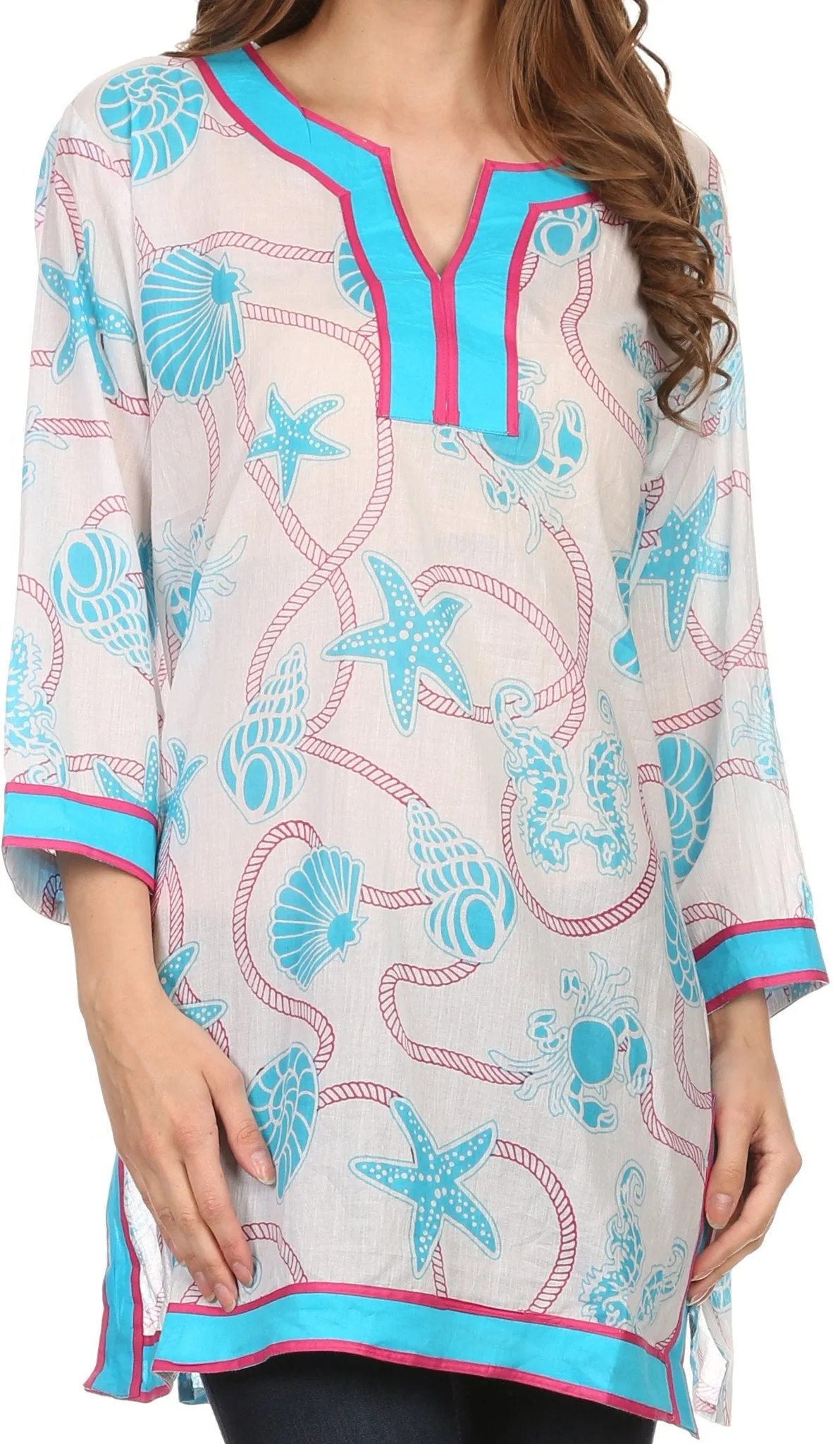 Sakkas Fawn Tunic Blouse Top With Printed Pattern And Multi Toned Trims