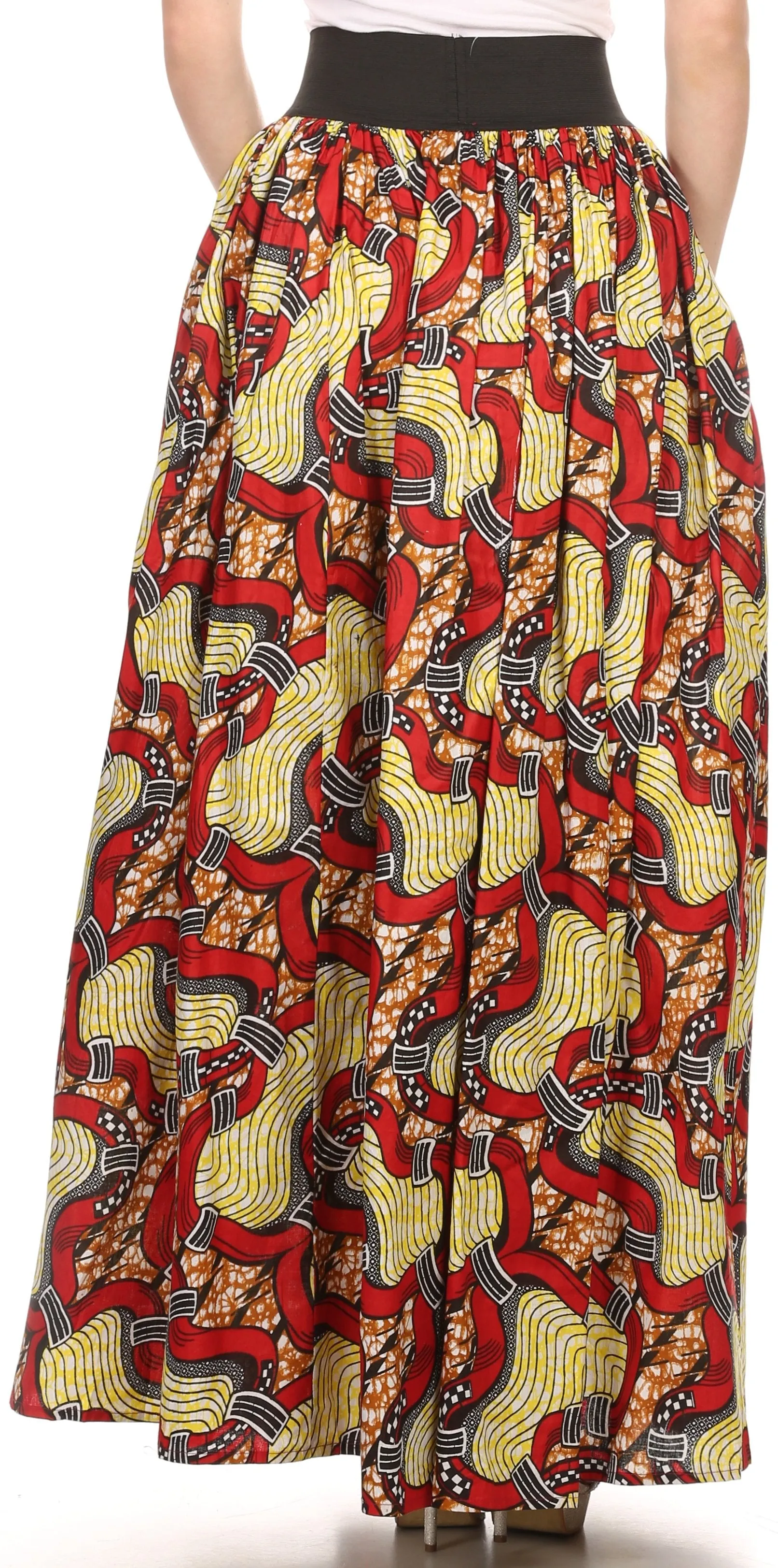 Sakkas Fawna Patterned Long Wax Print Adjustable Waist Skirt With Pockets