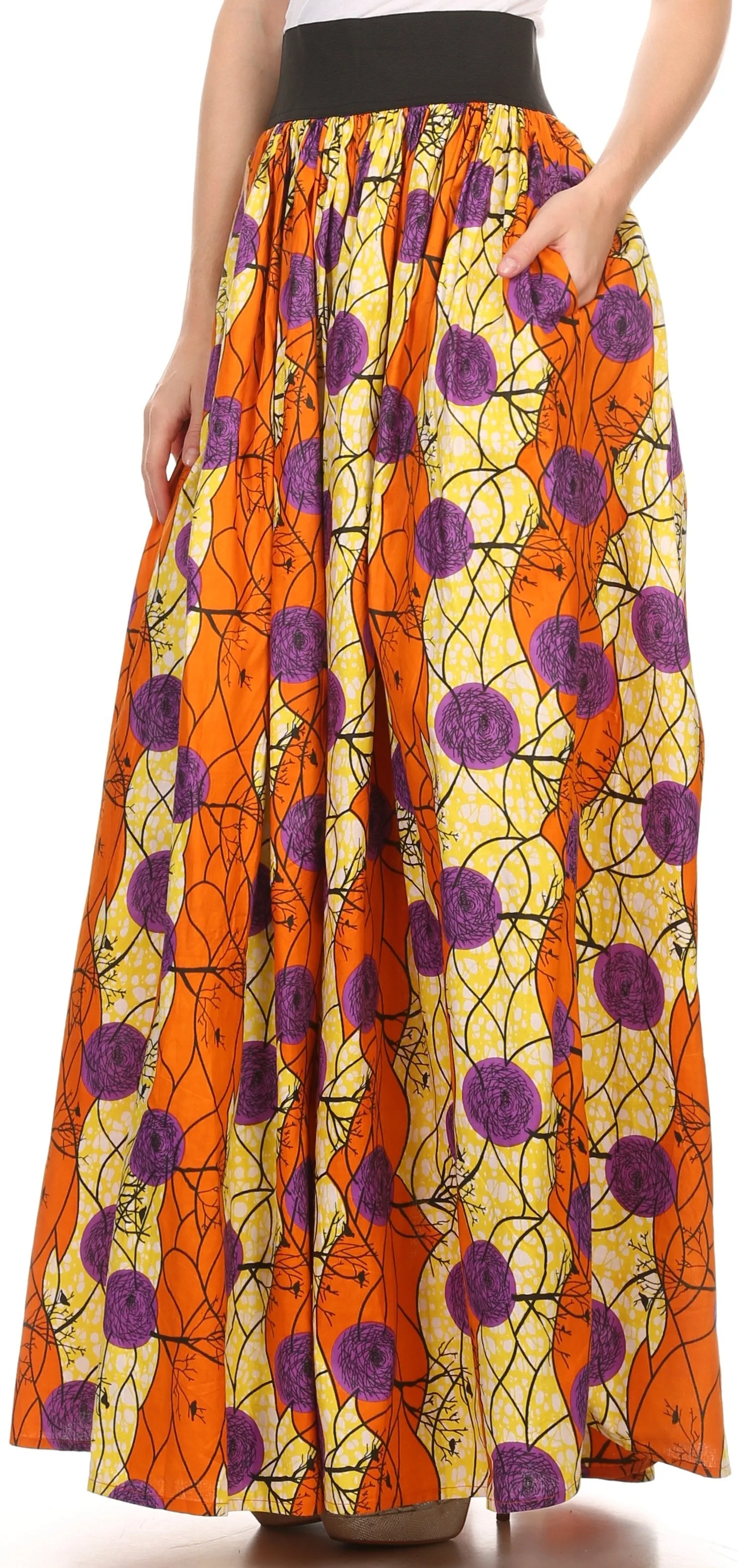 Sakkas Fawna Patterned Long Wax Print Adjustable Waist Skirt With Pockets