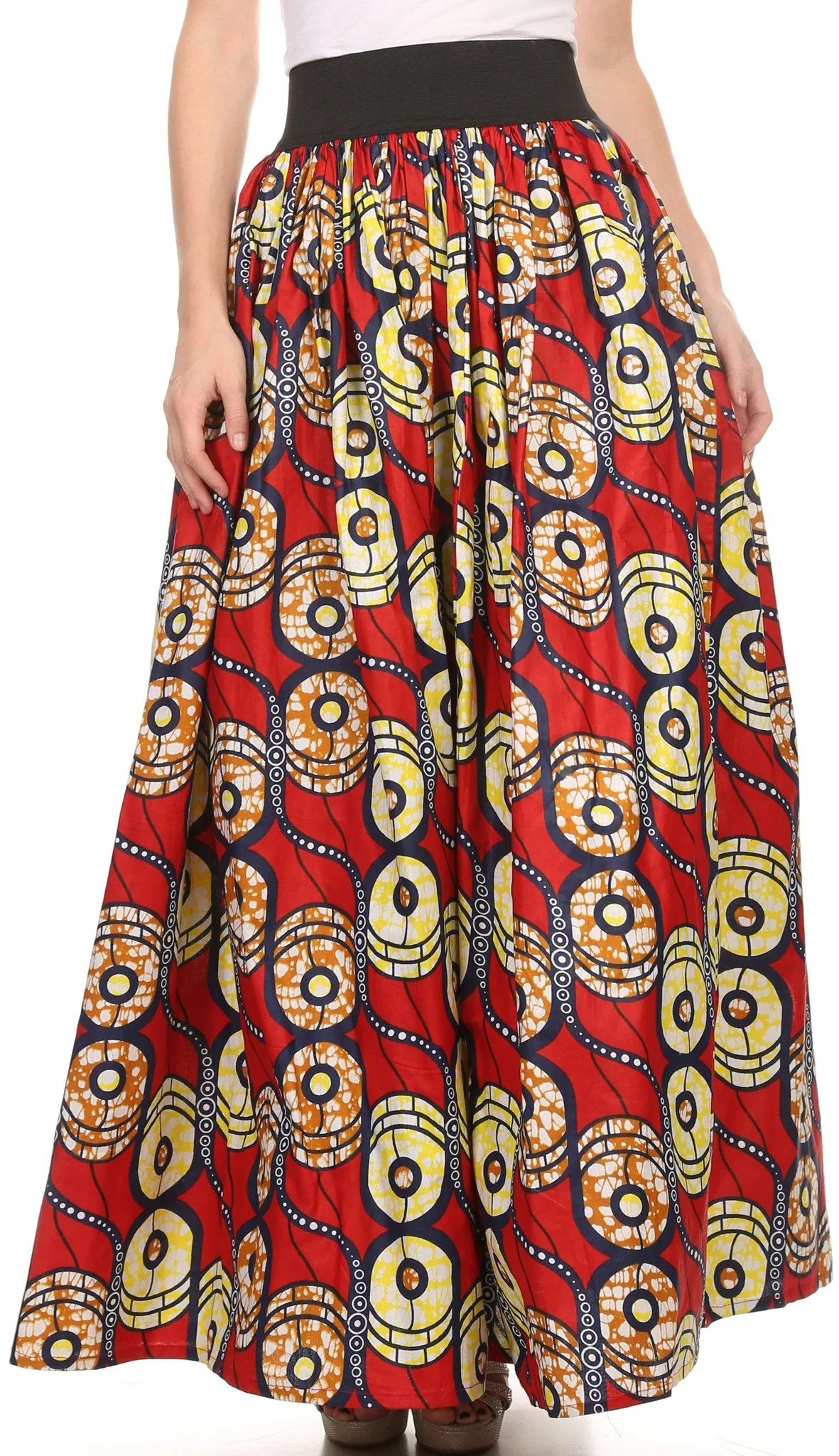 Sakkas Fawna Patterned Long Wax Print Adjustable Waist Skirt With Pockets