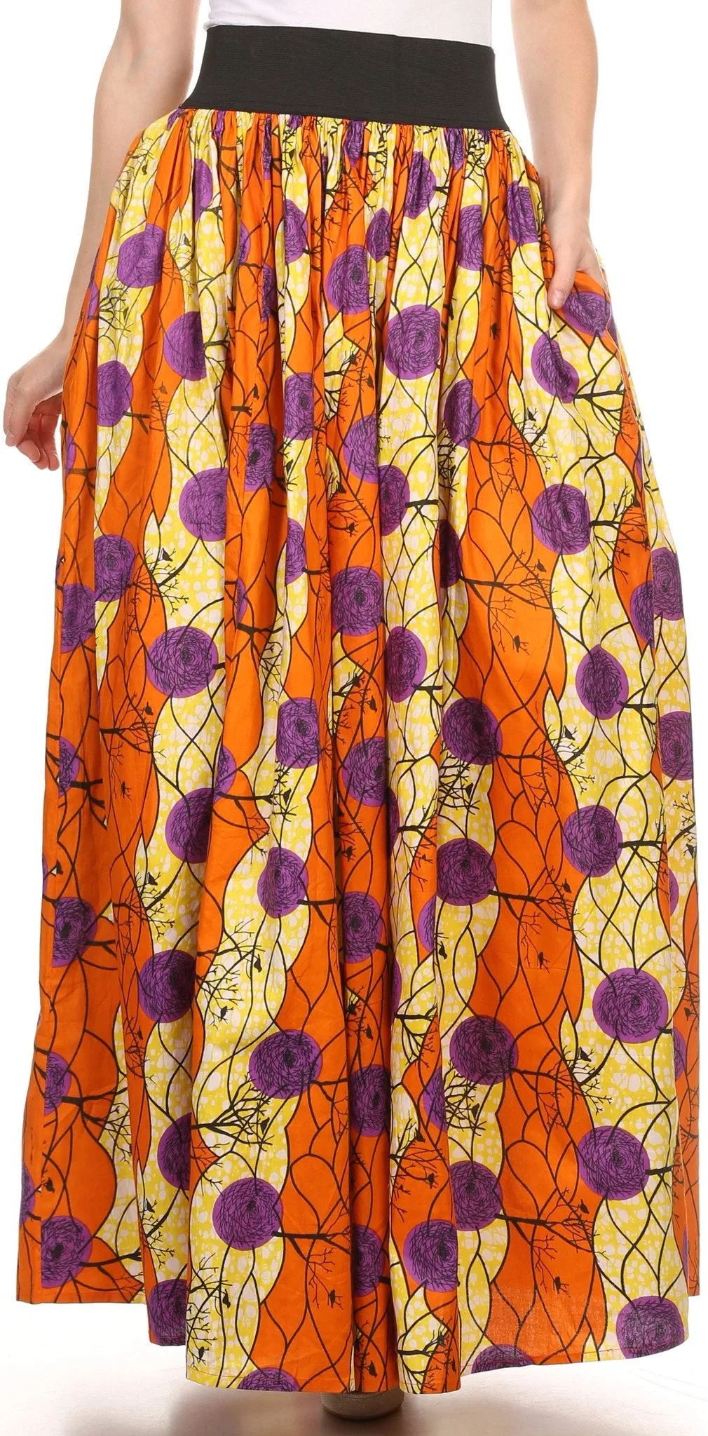 Sakkas Fawna Patterned Long Wax Print Adjustable Waist Skirt With Pockets