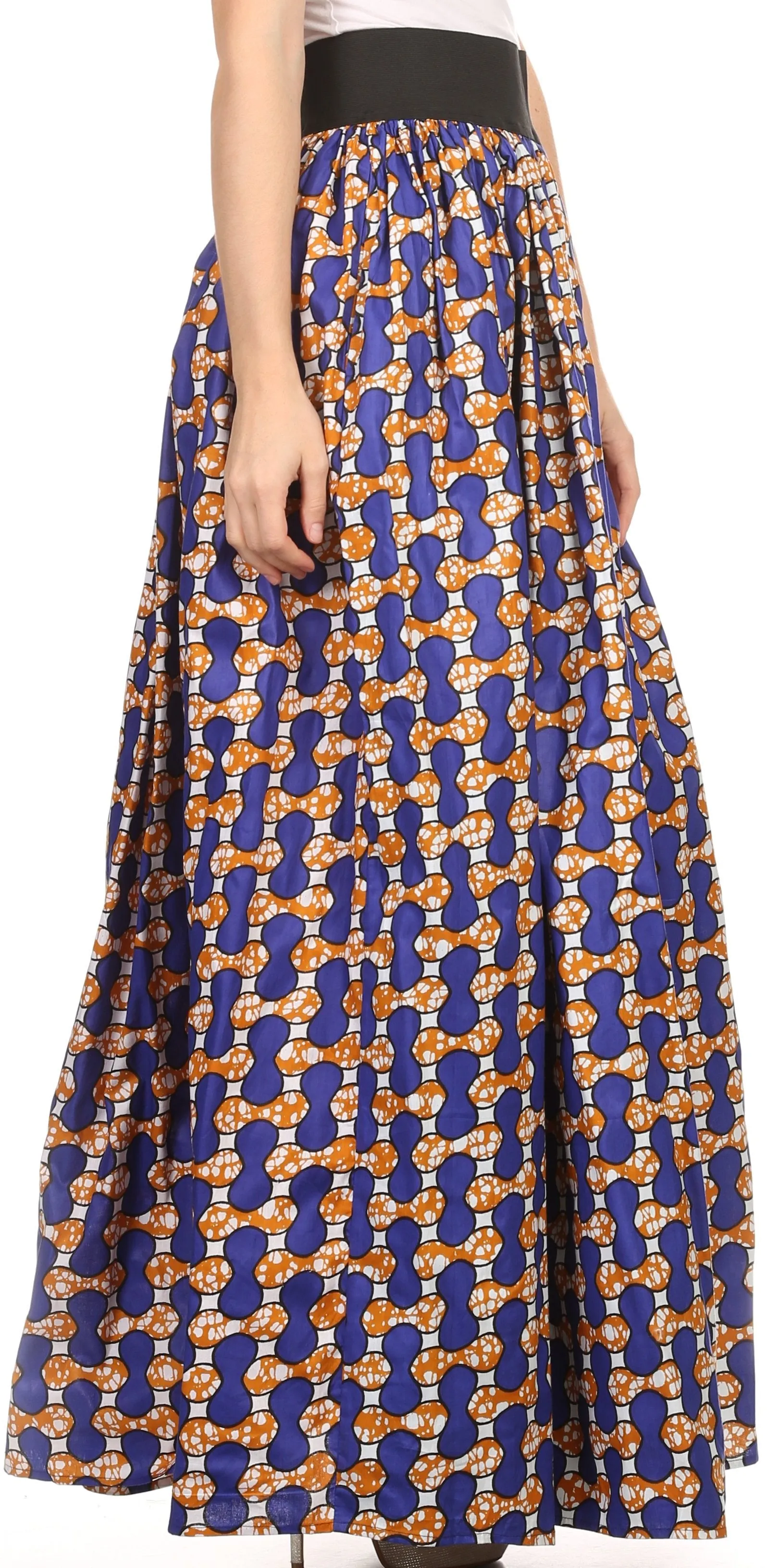 Sakkas Fawna Patterned Long Wax Print Adjustable Waist Skirt With Pockets