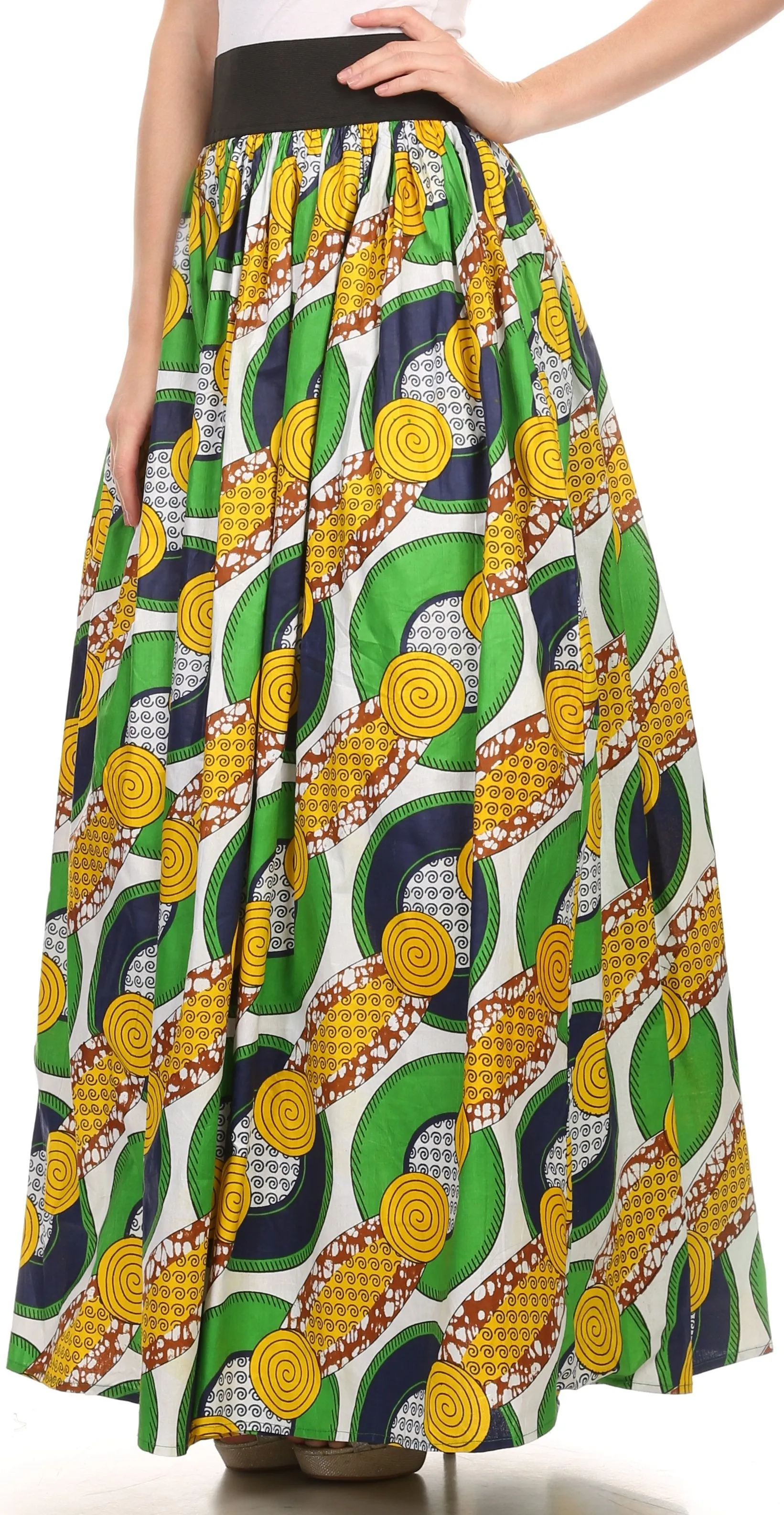 Sakkas Fawna Patterned Long Wax Print Adjustable Waist Skirt With Pockets