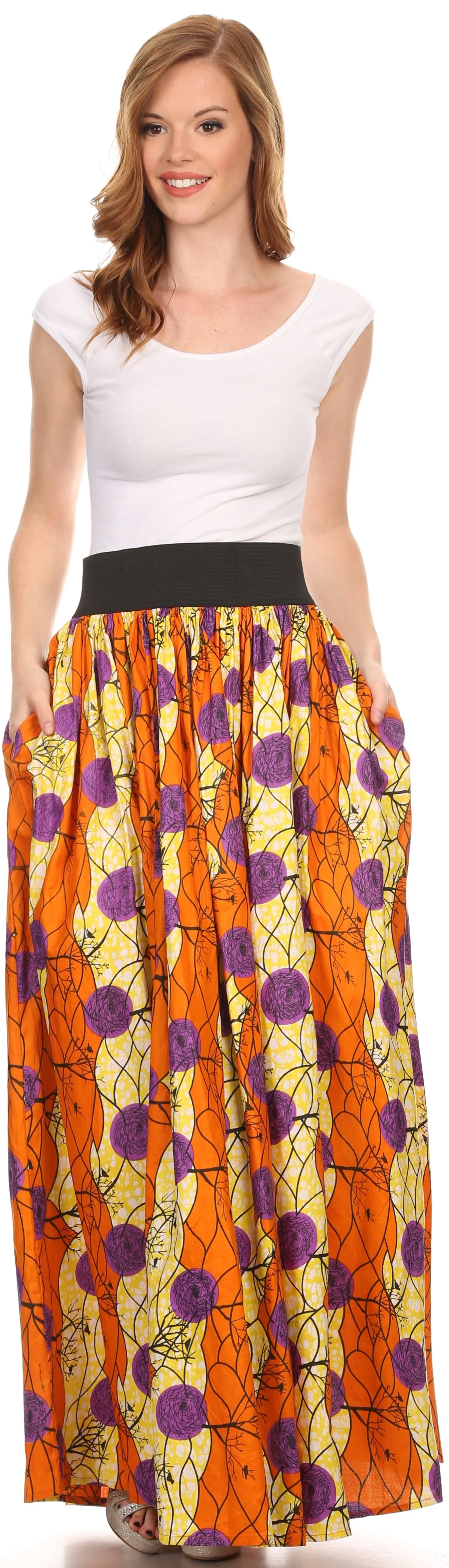 Sakkas Fawna Patterned Long Wax Print Adjustable Waist Skirt With Pockets