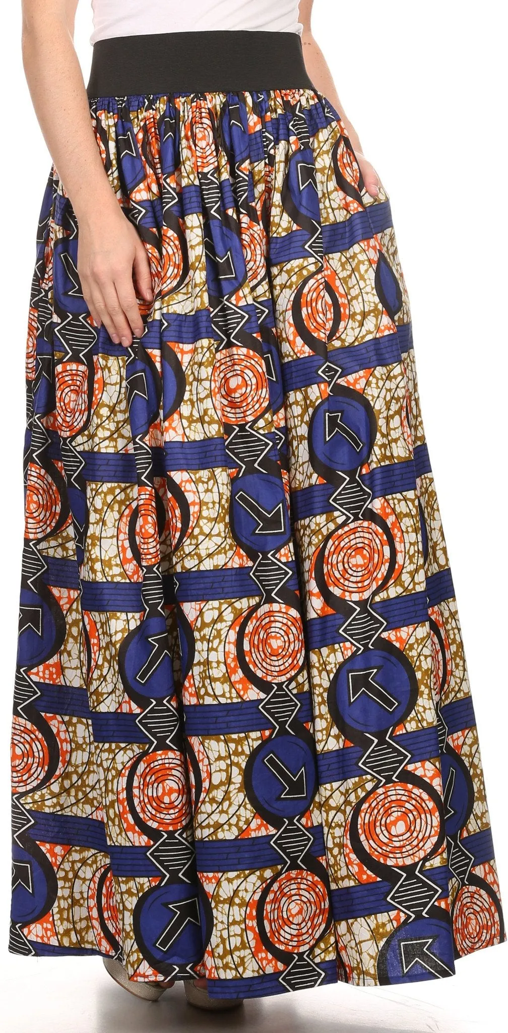 Sakkas Fawna Patterned Long Wax Print Adjustable Waist Skirt With Pockets