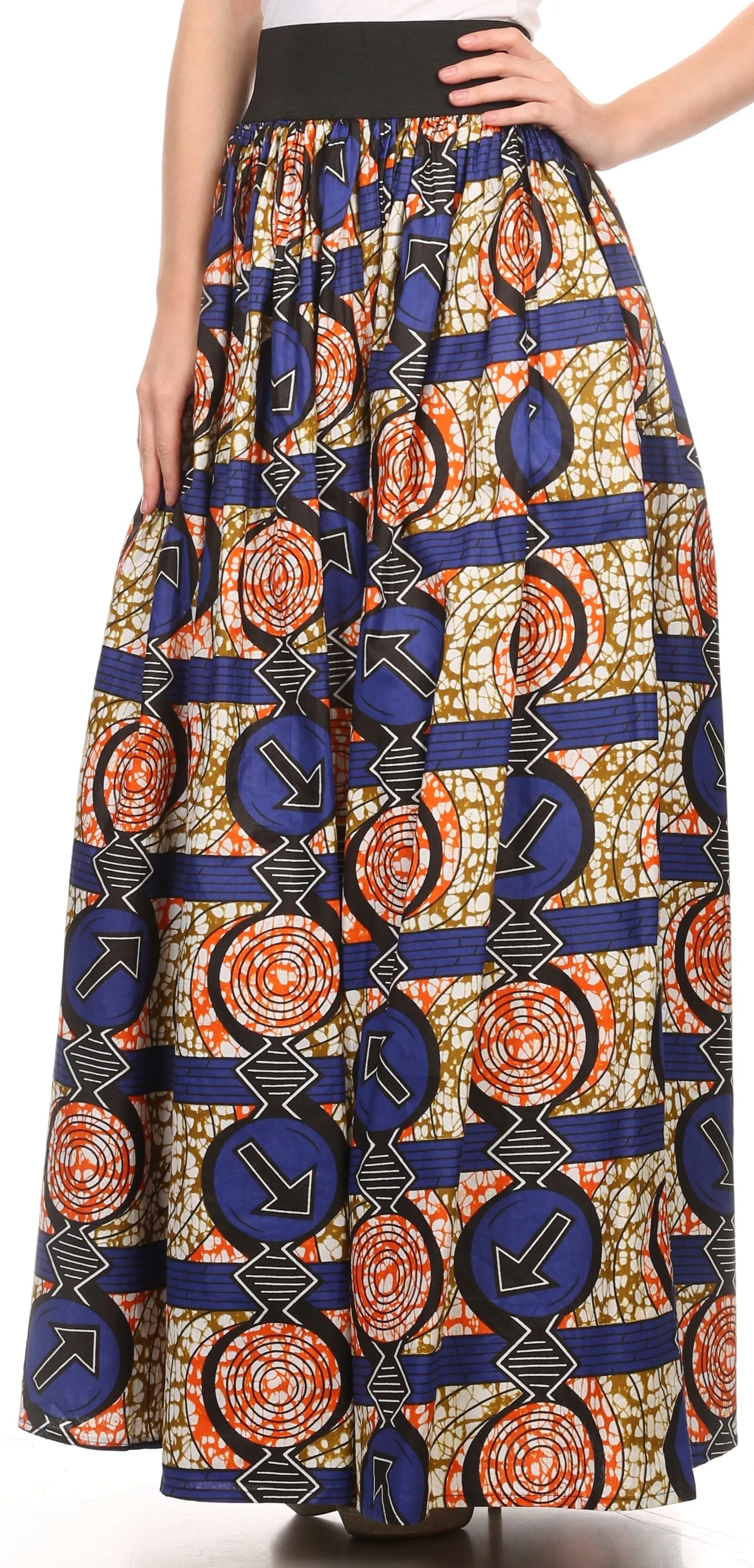 Sakkas Fawna Patterned Long Wax Print Adjustable Waist Skirt With Pockets