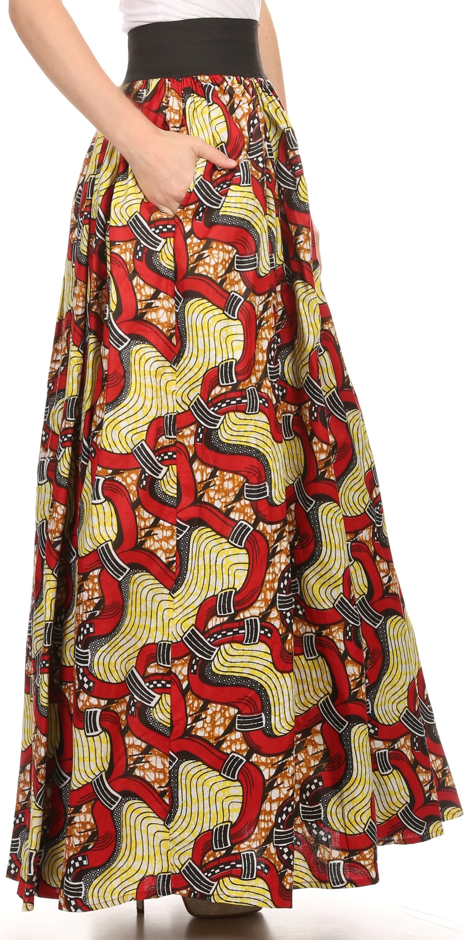 Sakkas Fawna Patterned Long Wax Print Adjustable Waist Skirt With Pockets