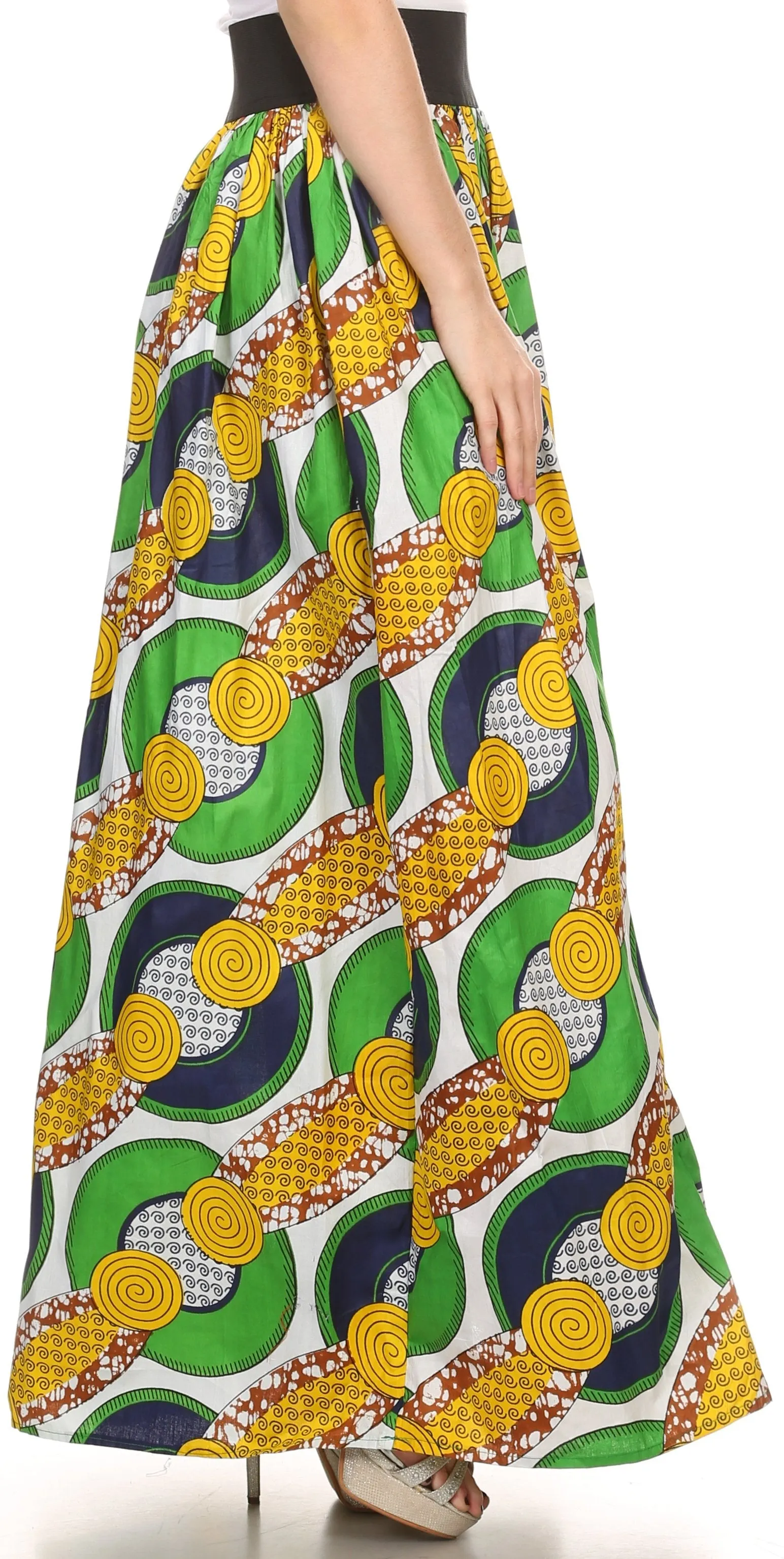 Sakkas Fawna Patterned Long Wax Print Adjustable Waist Skirt With Pockets