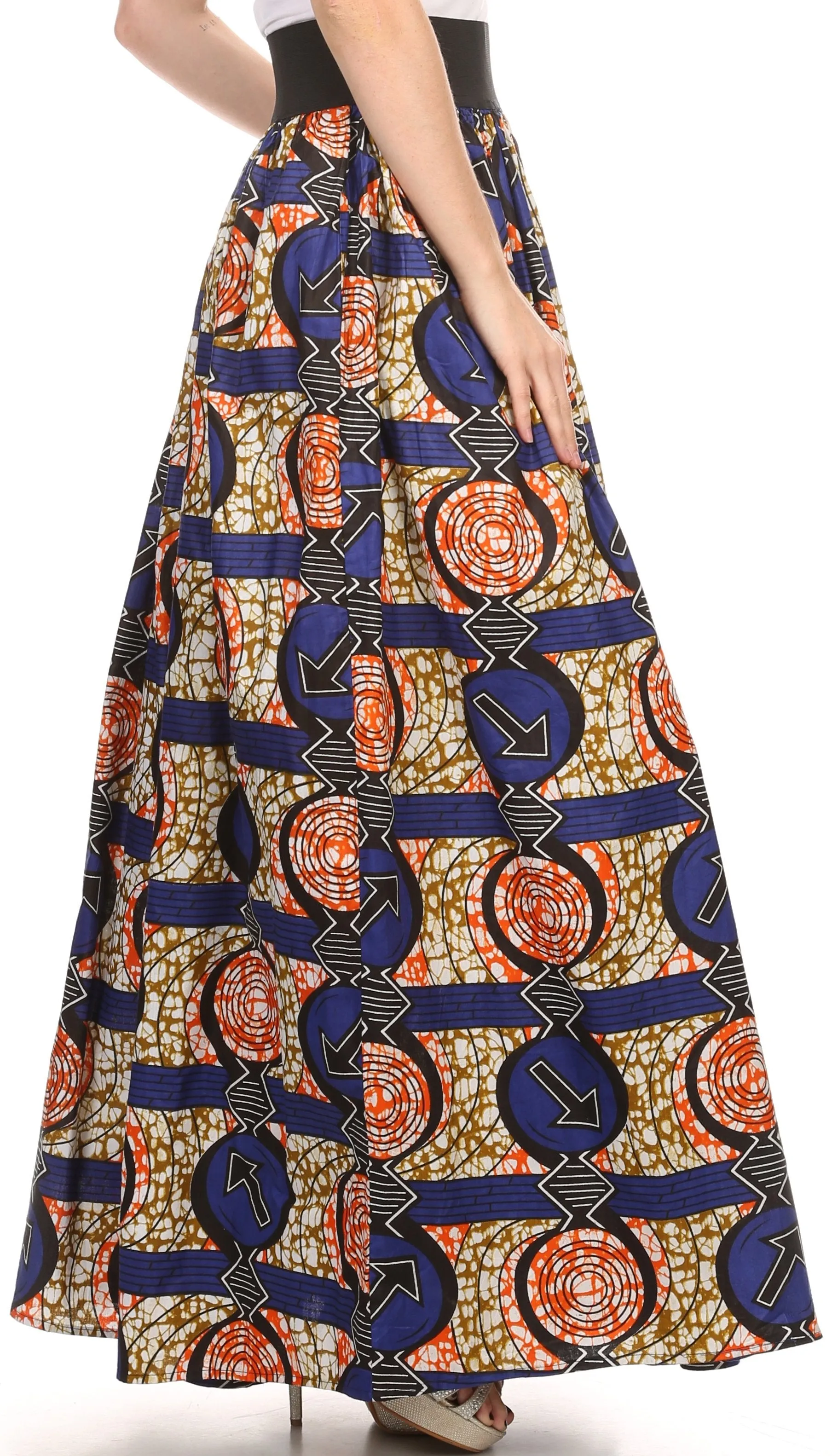 Sakkas Fawna Patterned Long Wax Print Adjustable Waist Skirt With Pockets