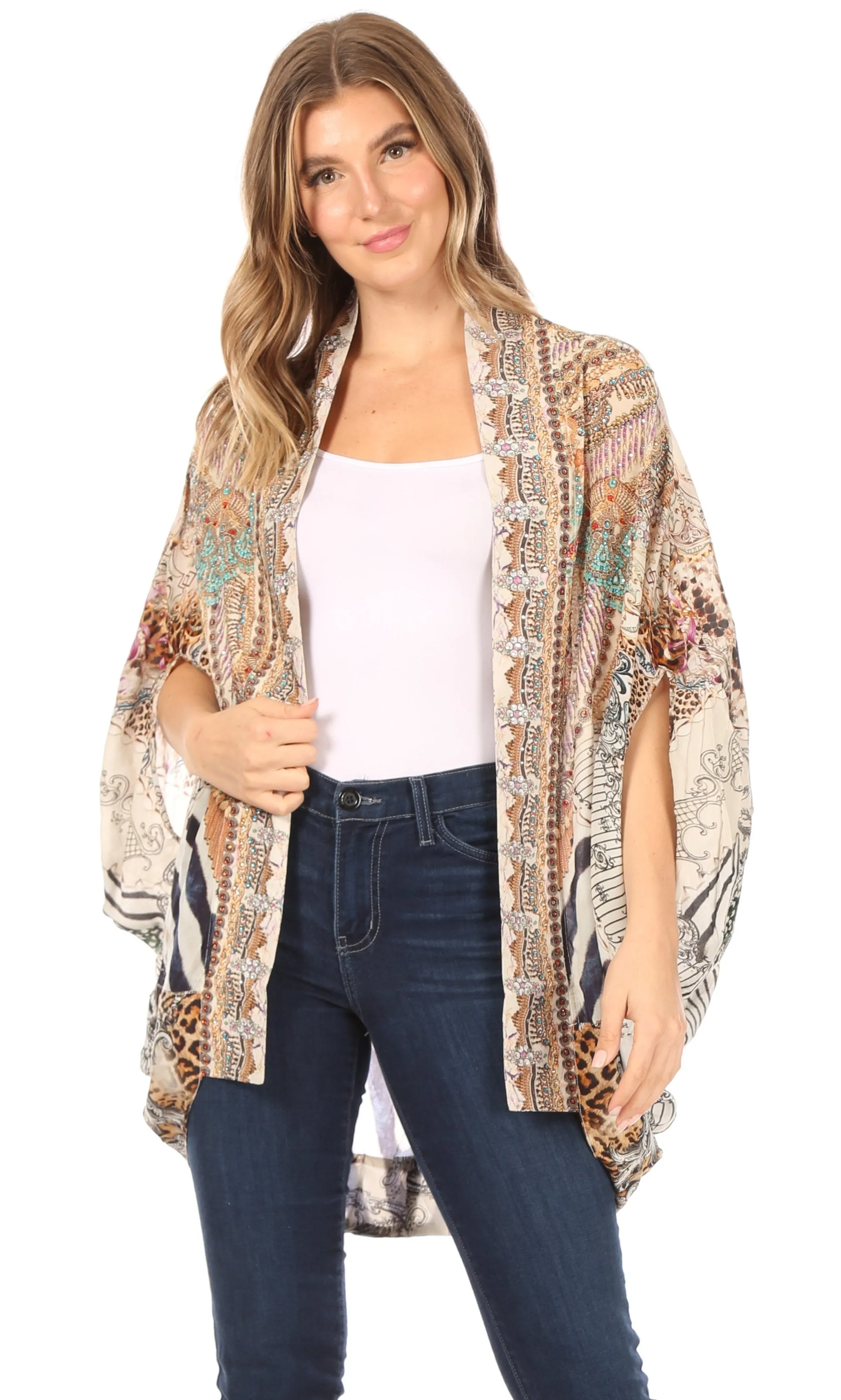 Sakkas Jenna Women's Casual Boho Sheer Kimono Loose Cardigan Cape Trendy Printed