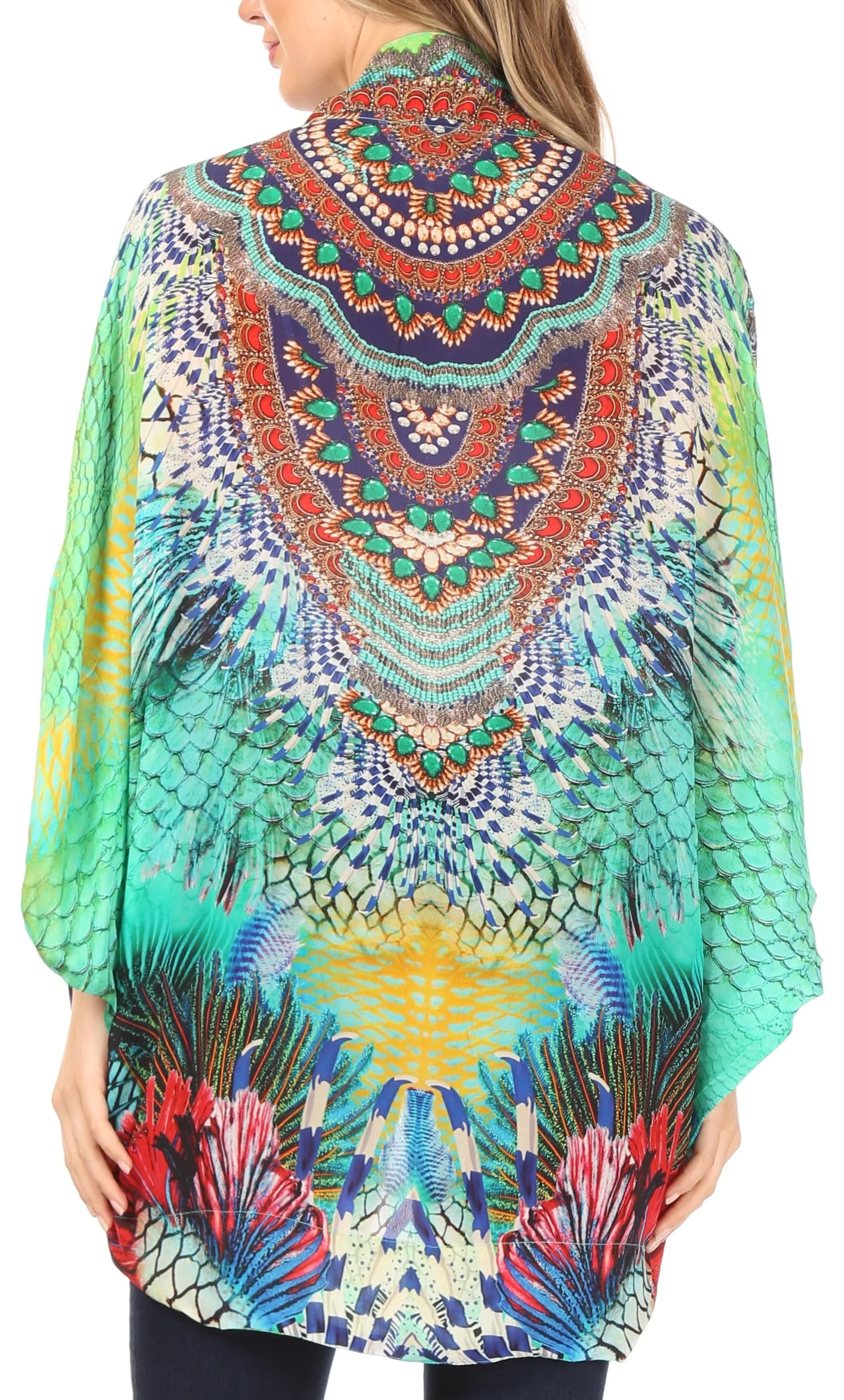 Sakkas Jenna Women's Casual Boho Sheer Kimono Loose Cardigan Cape Trendy Printed