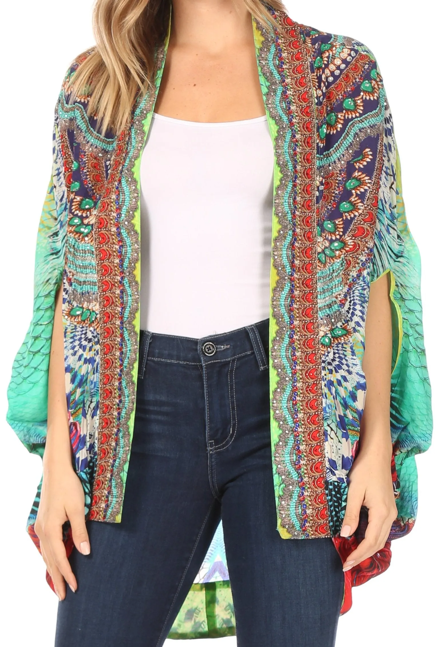 Sakkas Jenna Women's Casual Boho Sheer Kimono Loose Cardigan Cape Trendy Printed