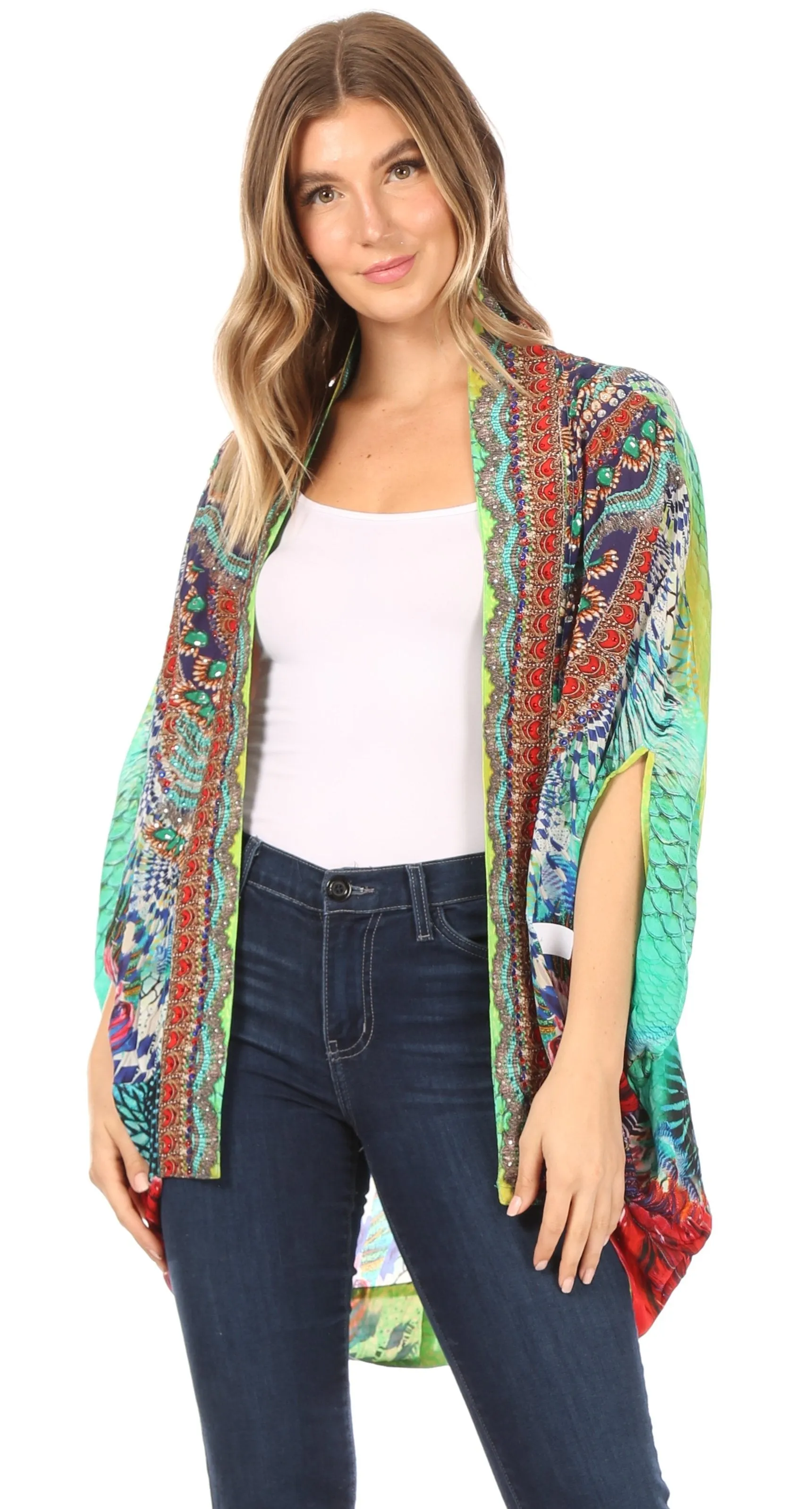 Sakkas Jenna Women's Casual Boho Sheer Kimono Loose Cardigan Cape Trendy Printed