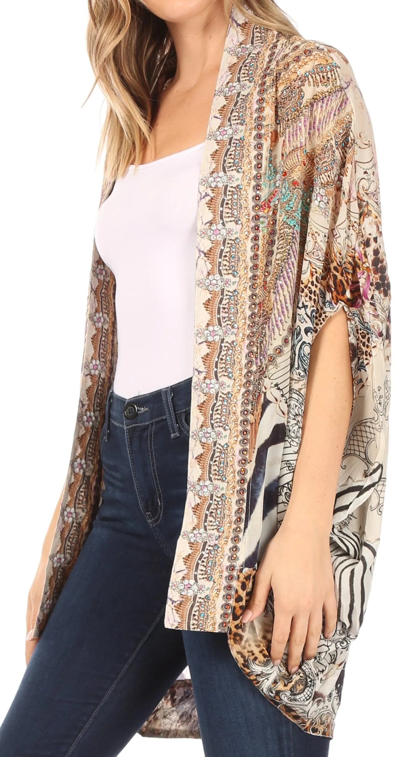 Sakkas Jenna Women's Casual Boho Sheer Kimono Loose Cardigan Cape Trendy Printed