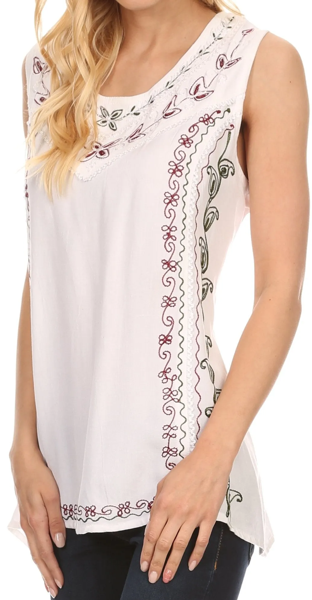 Sakkas Koonya Long Light Scoop Neck Nature Embroidered Sleeveless Tank Top Blouse