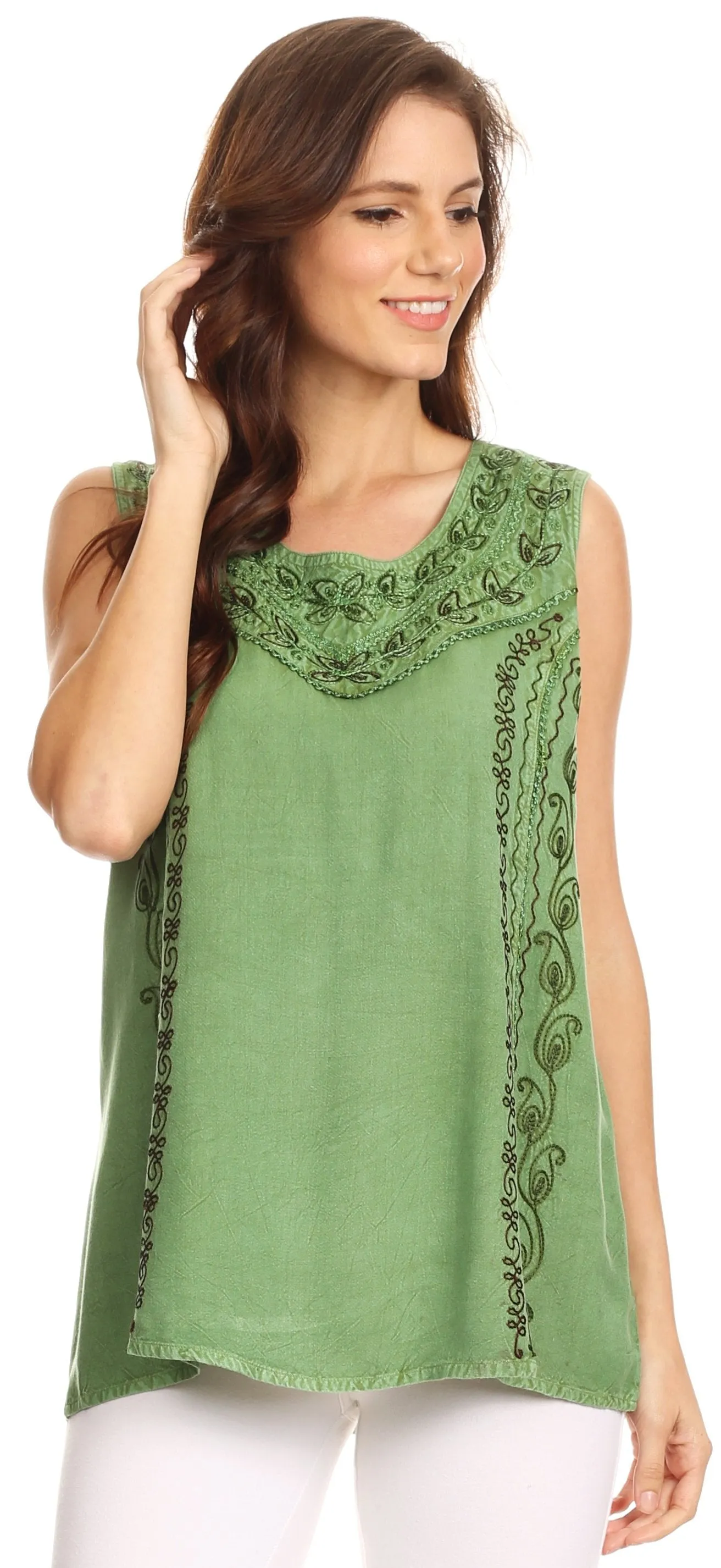 Sakkas Koonya Long Light Scoop Neck Nature Embroidered Sleeveless Tank Top Blouse