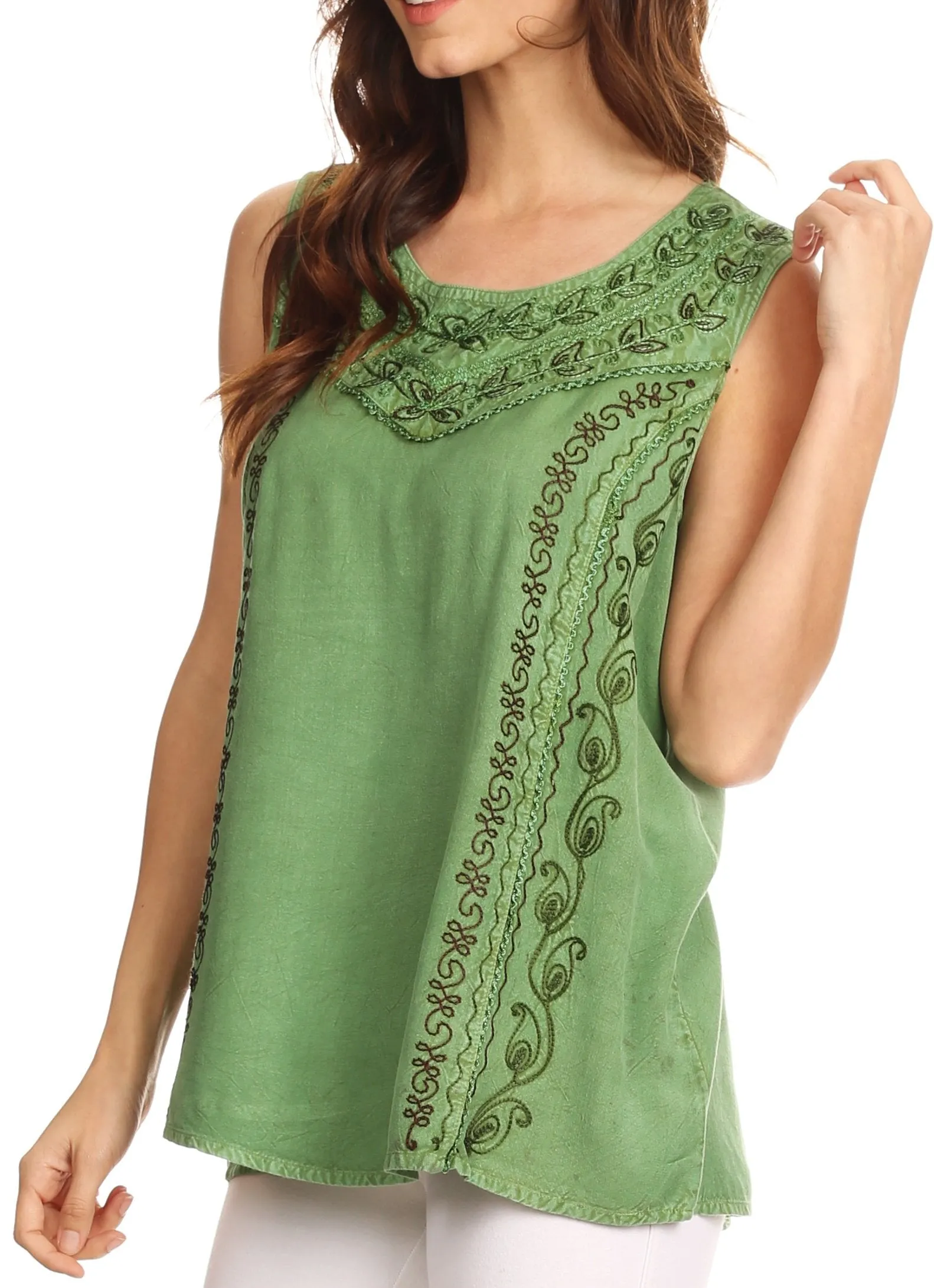 Sakkas Koonya Long Light Scoop Neck Nature Embroidered Sleeveless Tank Top Blouse