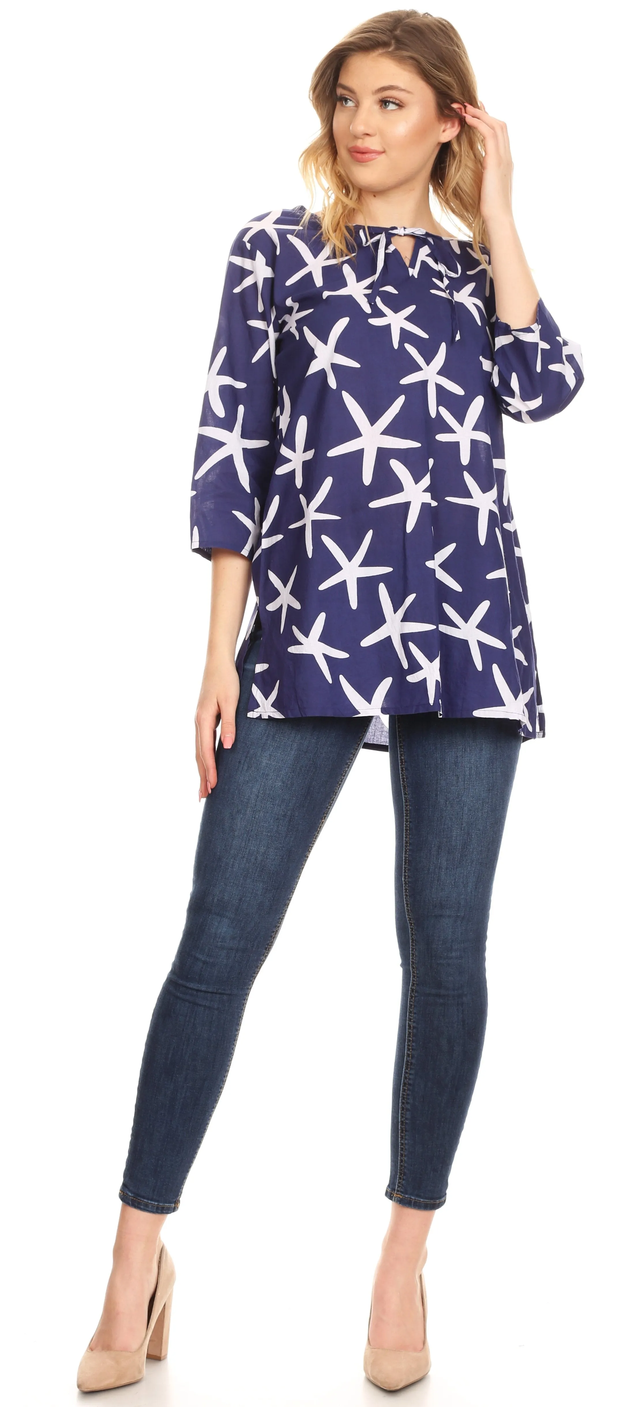 Sakkas Nila Women's Casual Summer Light 3/4 Sleeve Printed Tunic Top Cover-up