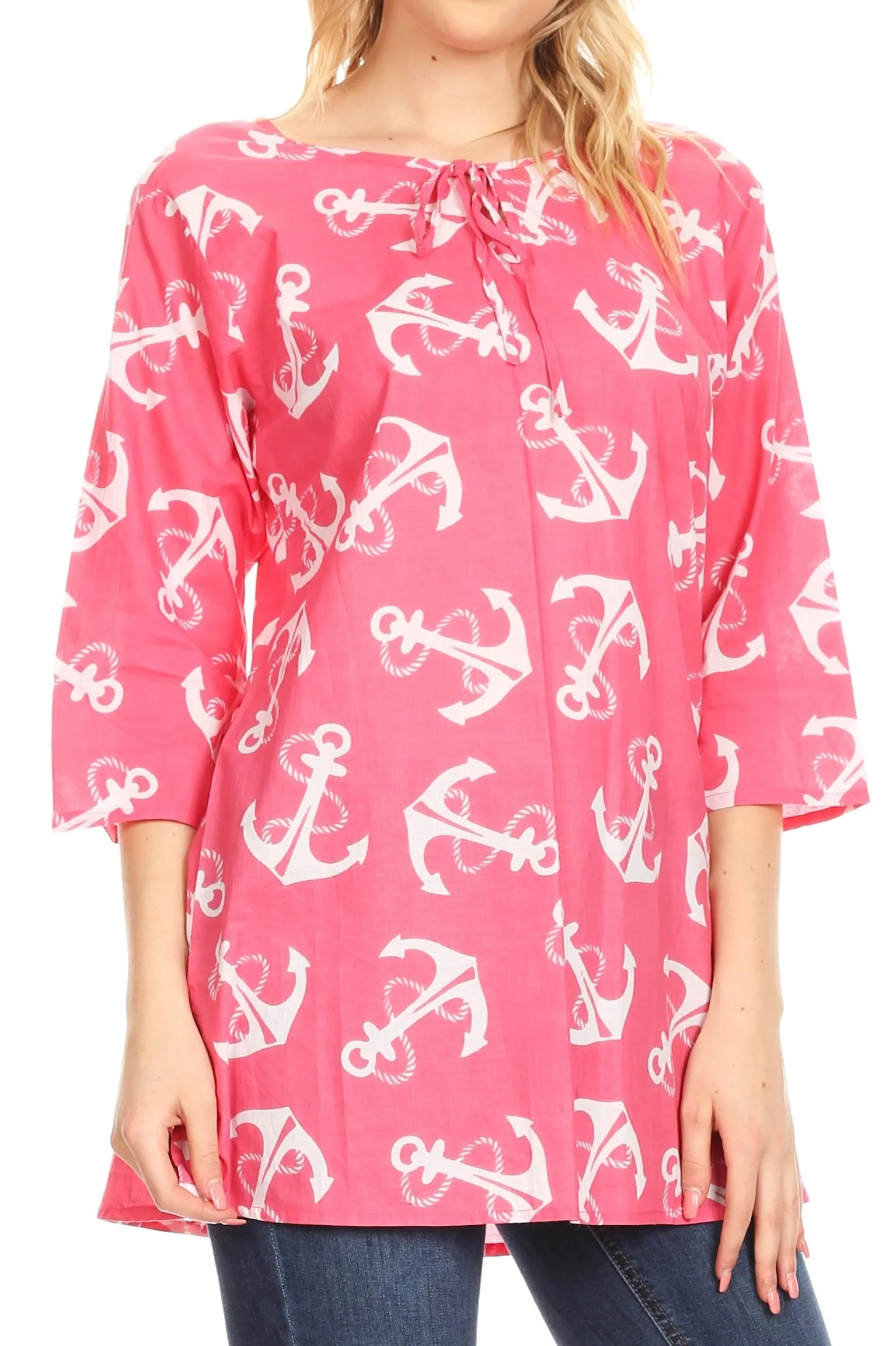 Sakkas Nila Women's Casual Summer Light 3/4 Sleeve Printed Tunic Top Cover-up