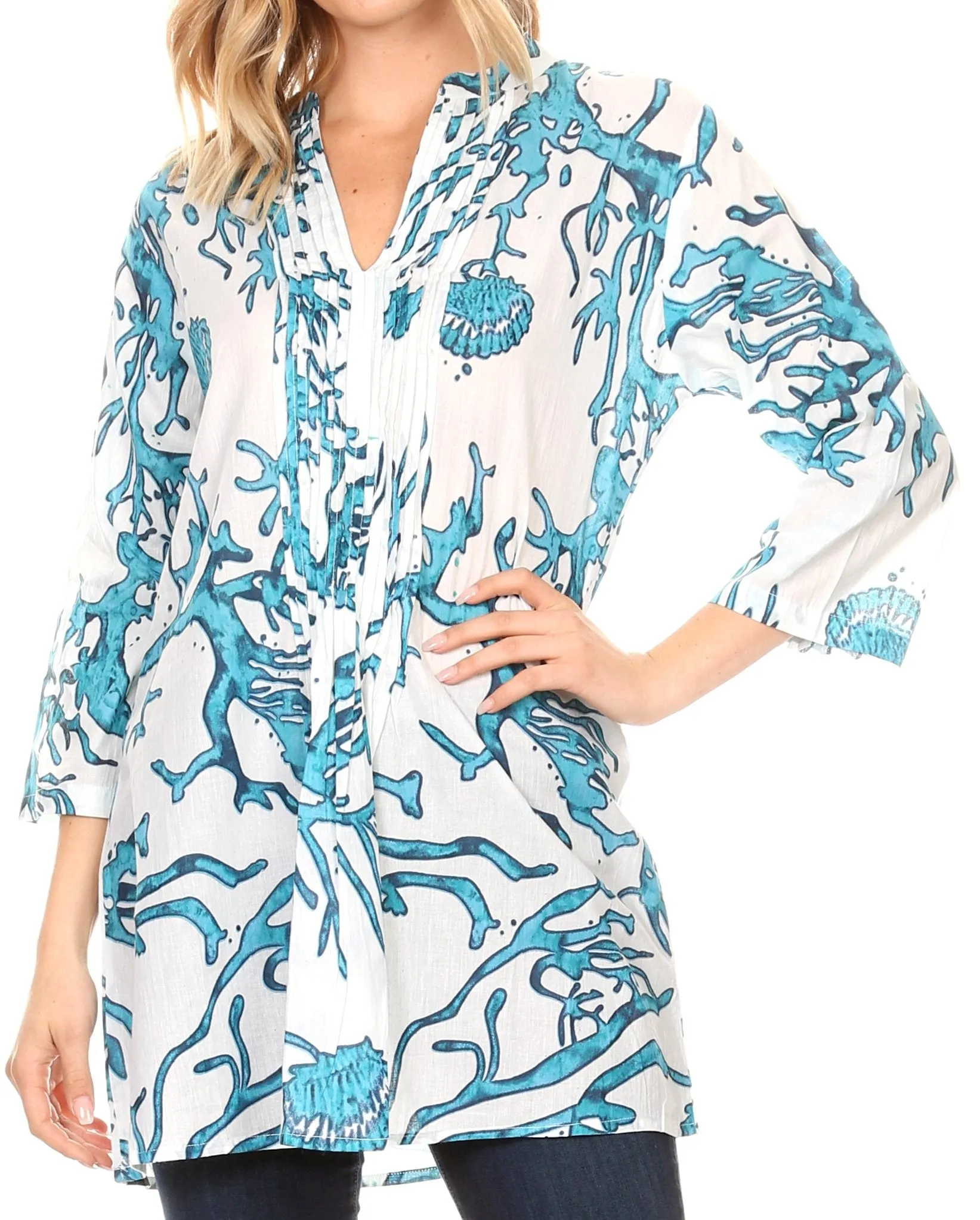 Sakkas Ona Women's Casual Summer Cotton 3/4 Sleeve Print Loose Tunic Top Blouse