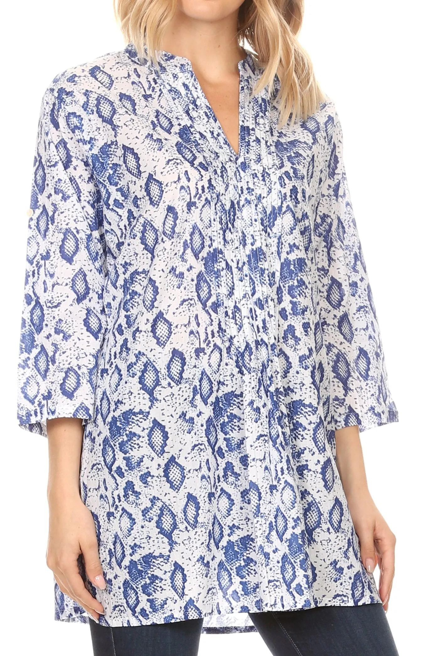 Sakkas Ona Women's Casual Summer Cotton 3/4 Sleeve Print Loose Tunic Top Blouse