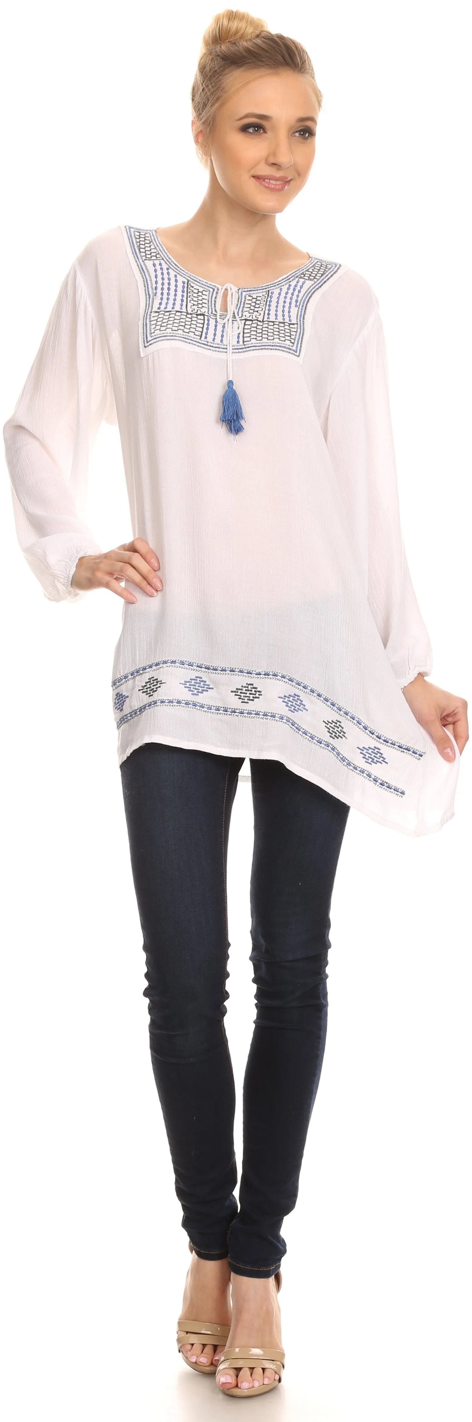 Sakkas Samne Long 3/4 Length Sleeve Embroidered Batik Blouse Tunic Shirt Top