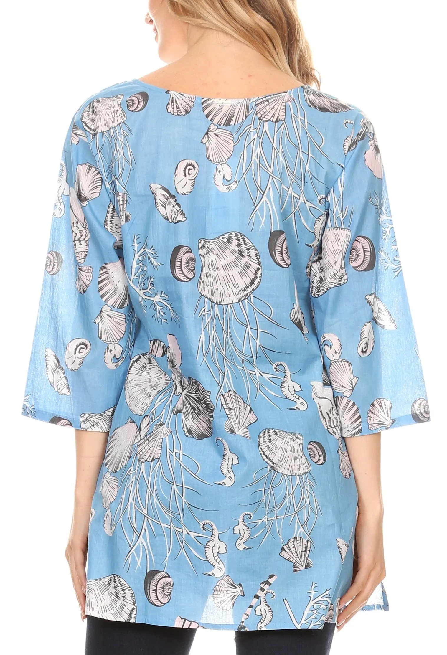 Sakkas Sasa Women's Casual Summer Cotton 3/4 Sleeve Print Loose Tunic Top Blouse