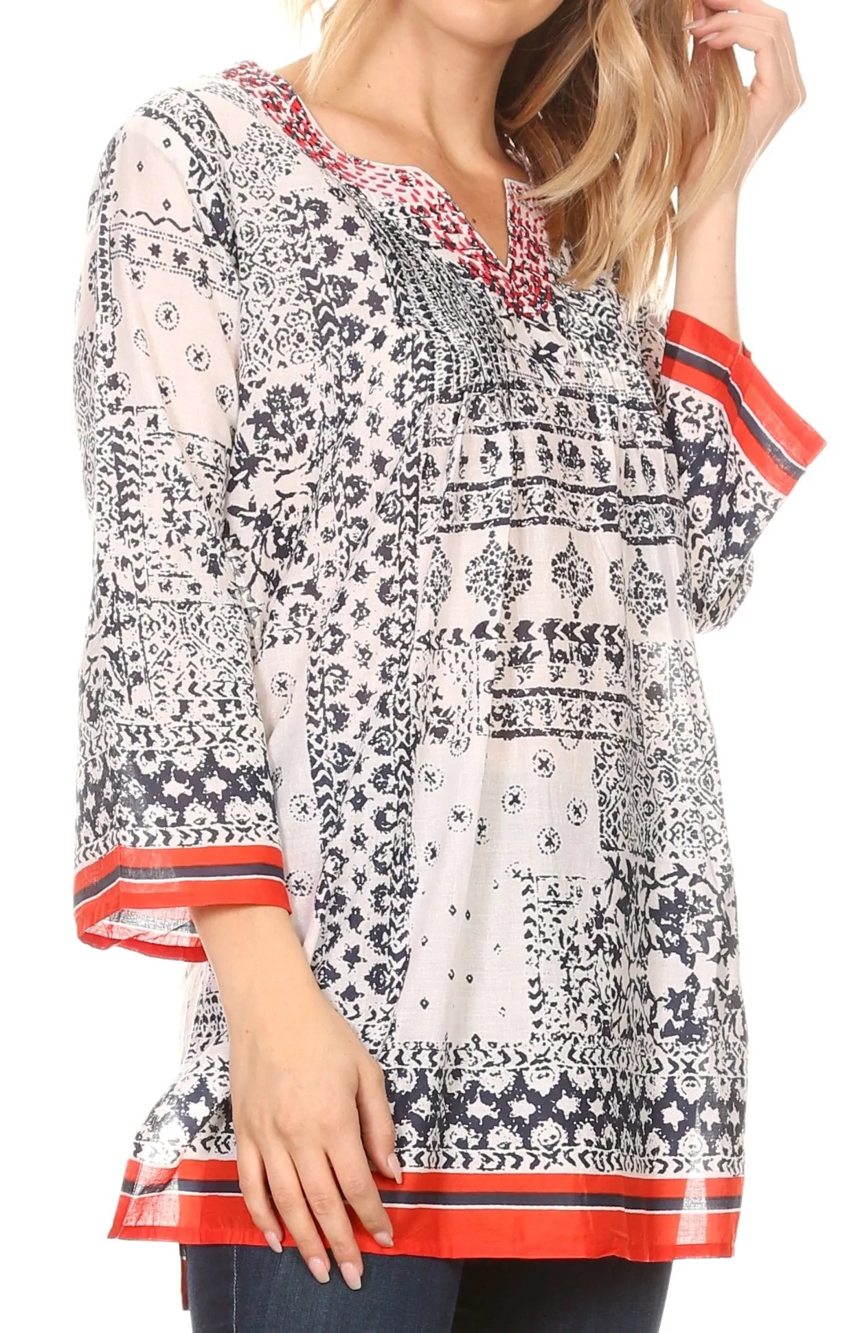 Sakkas Sasa Women's Casual Summer Cotton 3/4 Sleeve Print Loose Tunic Top Blouse