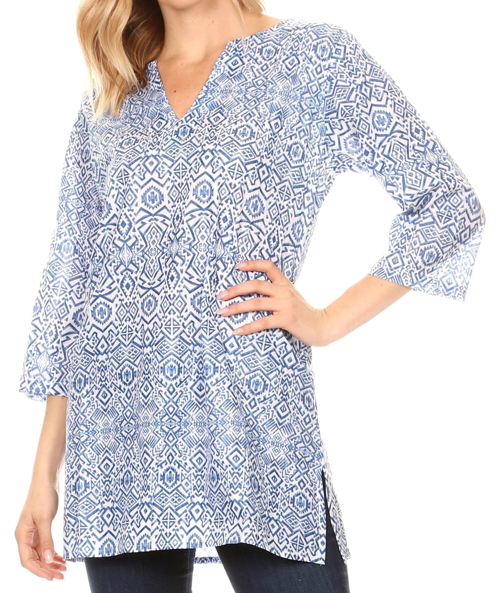 Sakkas Sasa Women's Casual Summer Cotton 3/4 Sleeve Print Loose Tunic Top Blouse