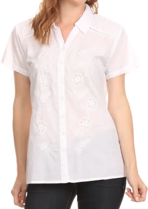 Sakkas Vinataey Long Floral Embroidered Short Sleeve Collar Button Down Shirt Top