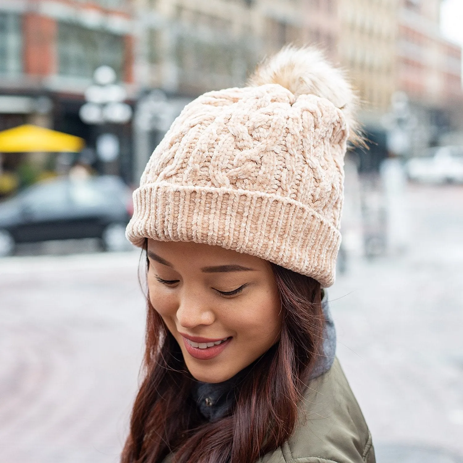 Sand Chenille Cable Knit - Beanie Hat Adult