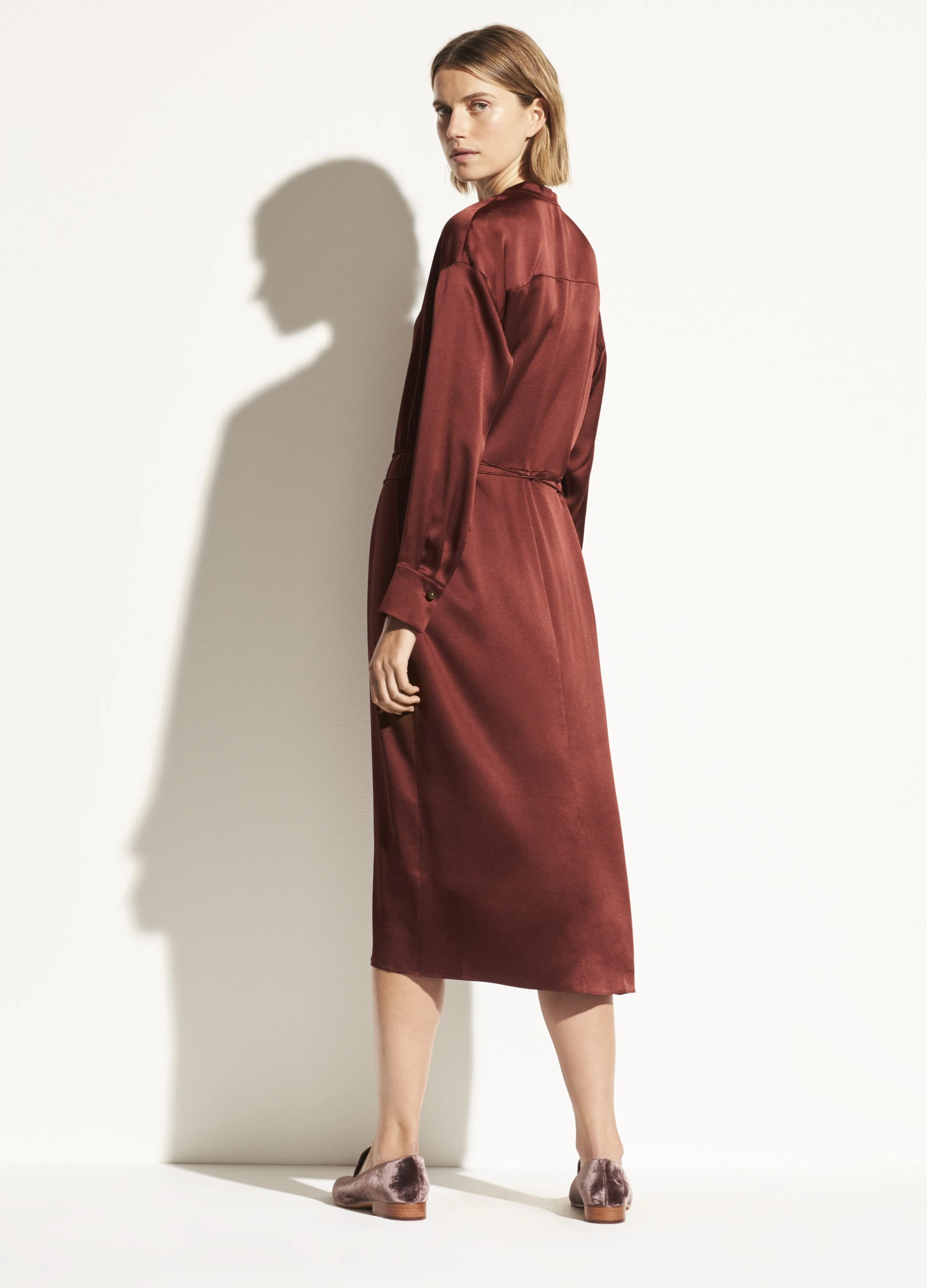 Satin Long Sleeve Wrap Dress in Dark Rosewood