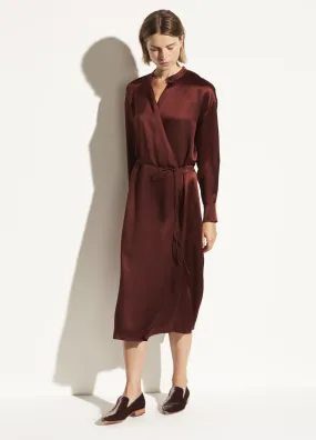 Satin Long Sleeve Wrap Dress in Dark Rosewood