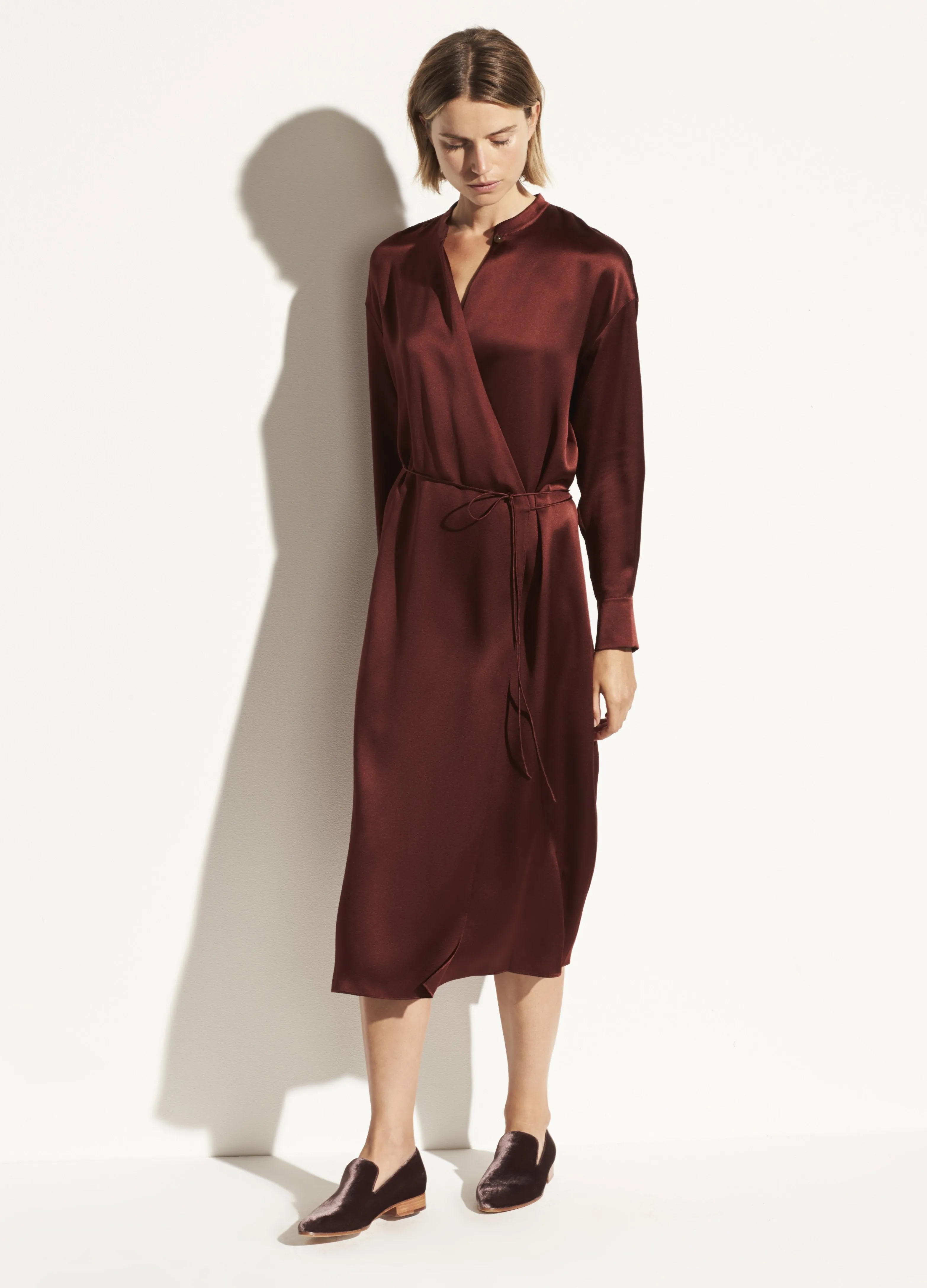 Satin Long Sleeve Wrap Dress in Dark Rosewood