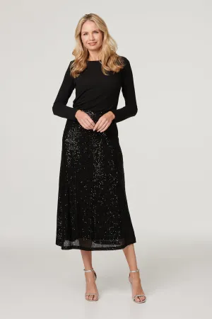 Sequin High Waist Semi Sheer Midi Skirt