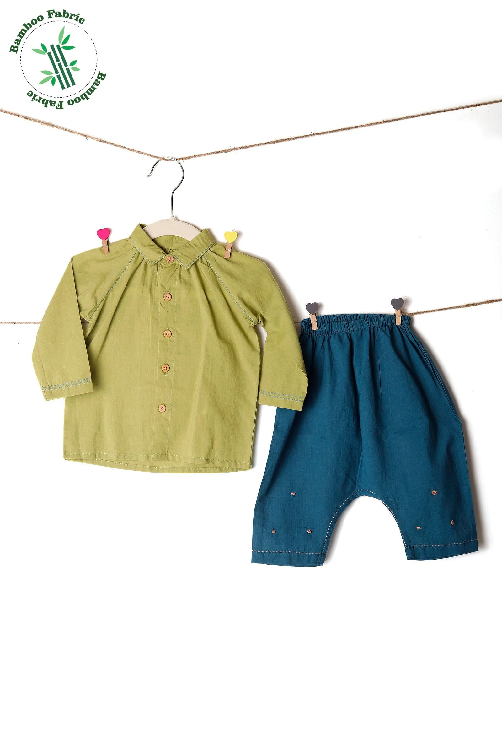 Set of 2: Bamboo Olive Green Shirt & Blue Shorts Pants