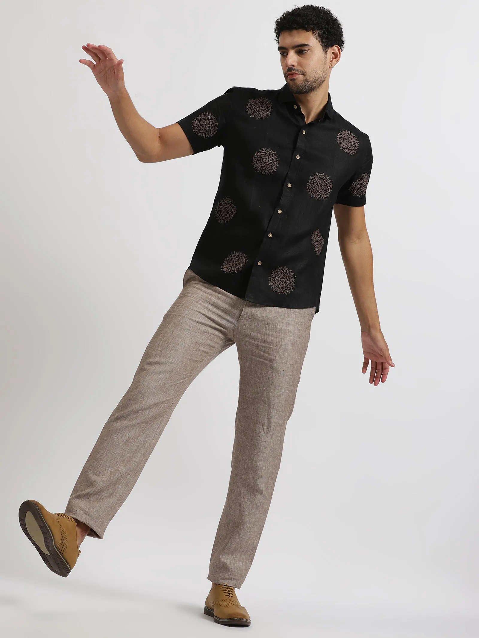 Shane - Pure Linen Embroidered Half Sleeve Shirt - Black & Brown