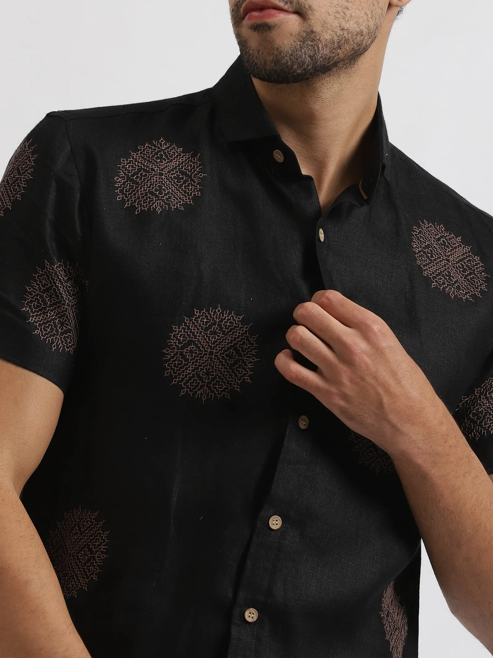 Shane - Pure Linen Embroidered Half Sleeve Shirt - Black & Brown