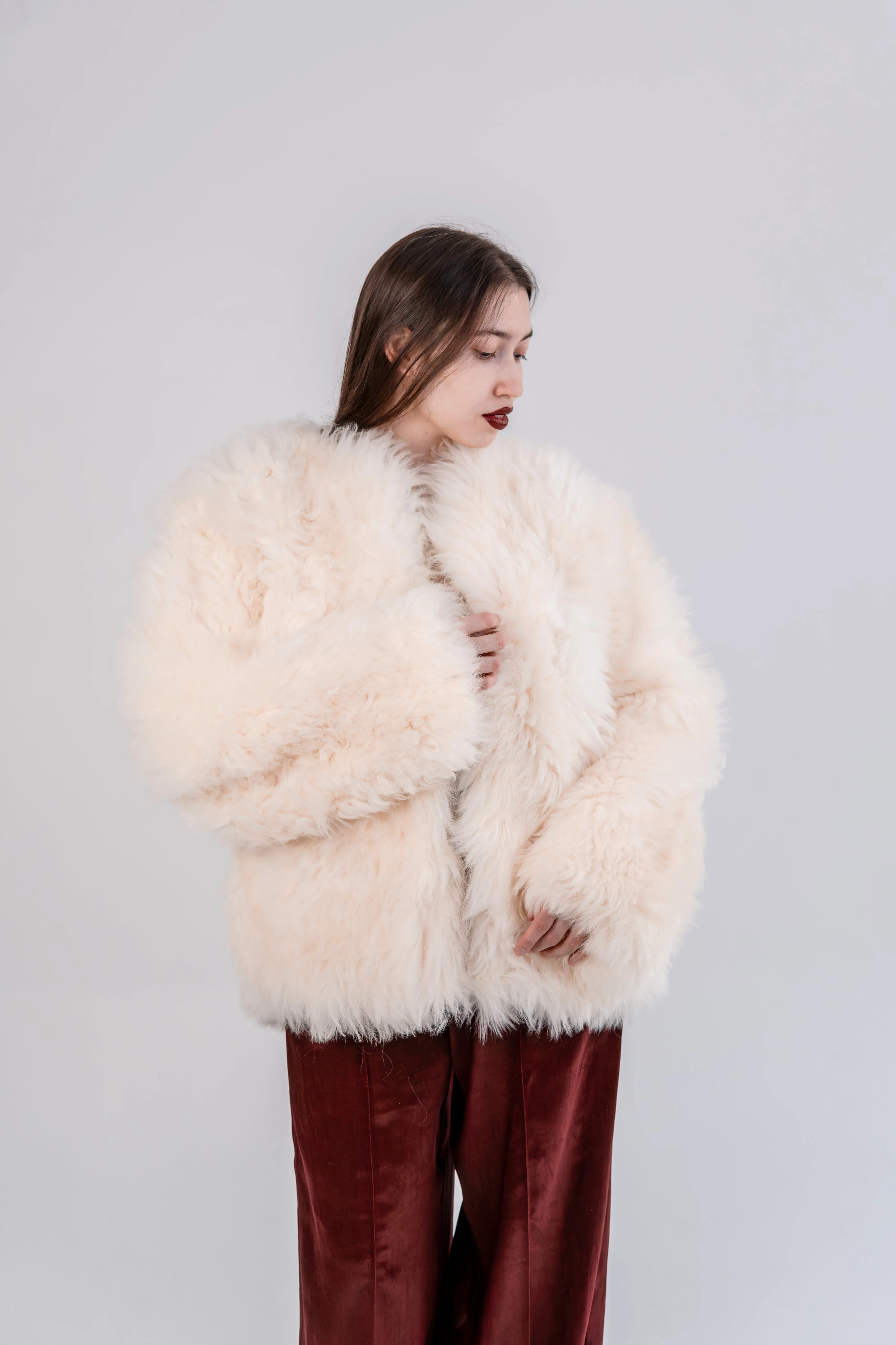 Sheepskin Coat with Burgundy Silk Lining - White