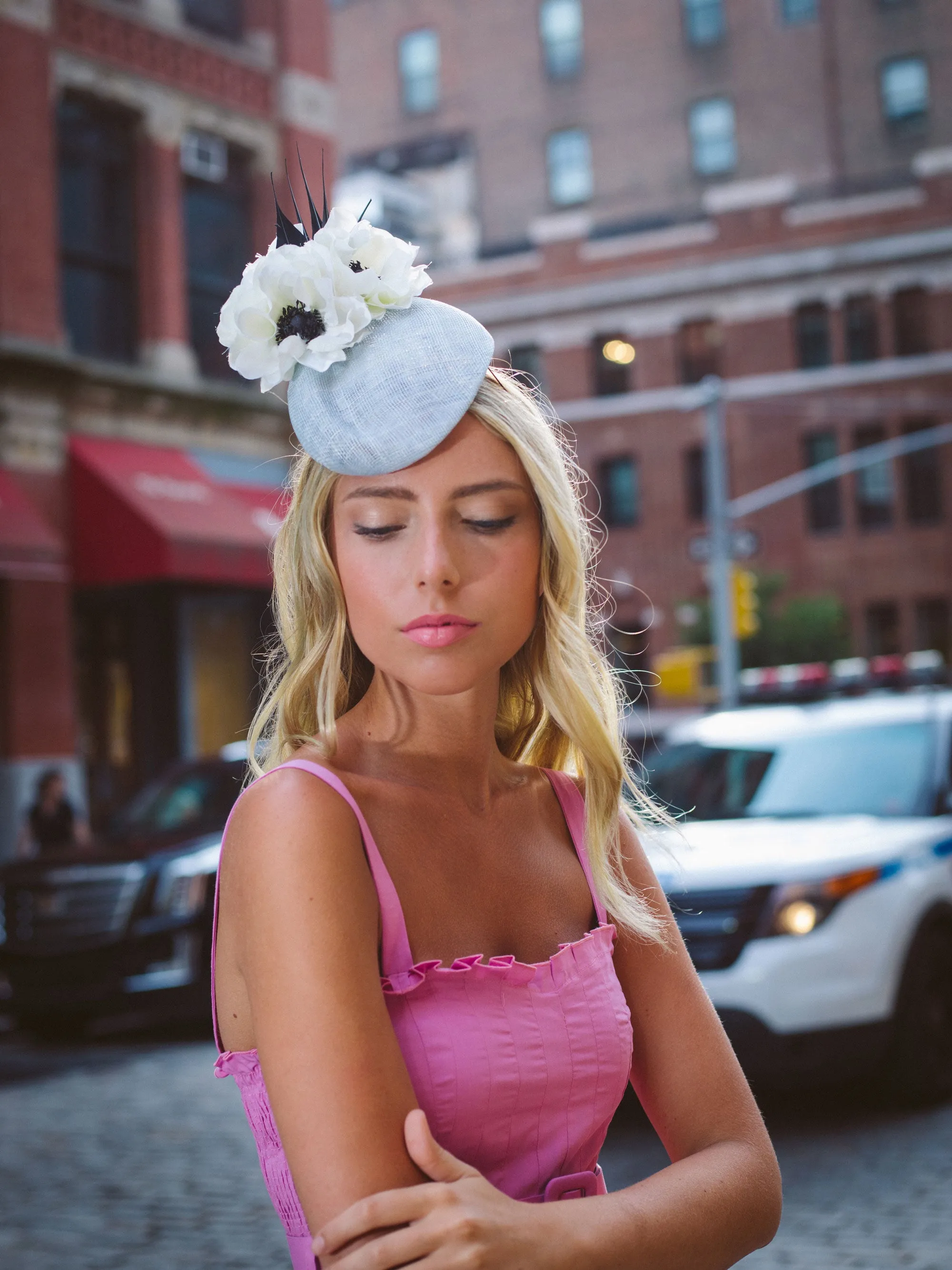 Shergar: Ice Blue Headpiece with Flowers and Black Feathers