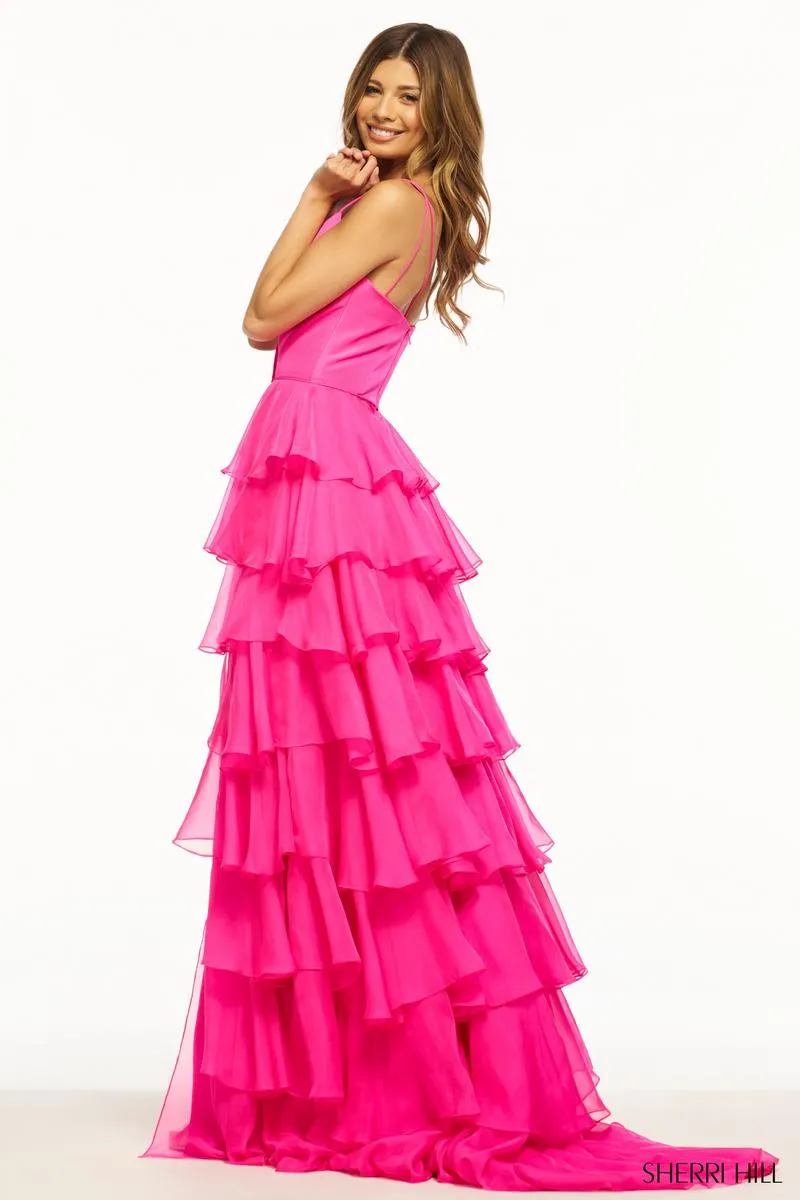 Sherri Hill Chiffon Tiered Ruffle Skirt Prom Dress 56108