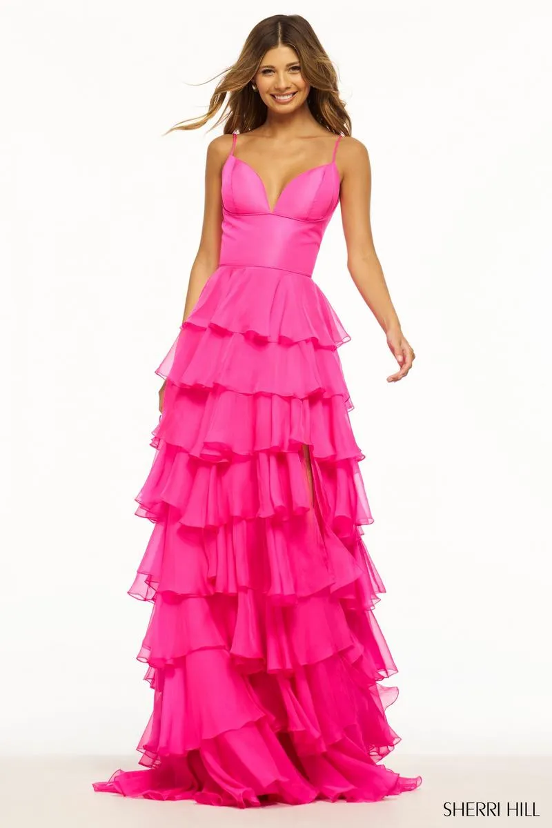 Sherri Hill Chiffon Tiered Ruffle Skirt Prom Dress 56108