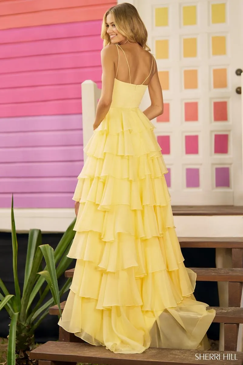 Sherri Hill Chiffon Tiered Ruffle Skirt Prom Dress 56108