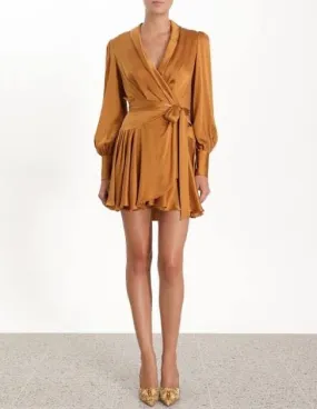 Silk Wrap Mini Dress (Sandalwood)