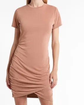 Silky Sueded Jersey Ruched T-Shirt Dress in Mocha