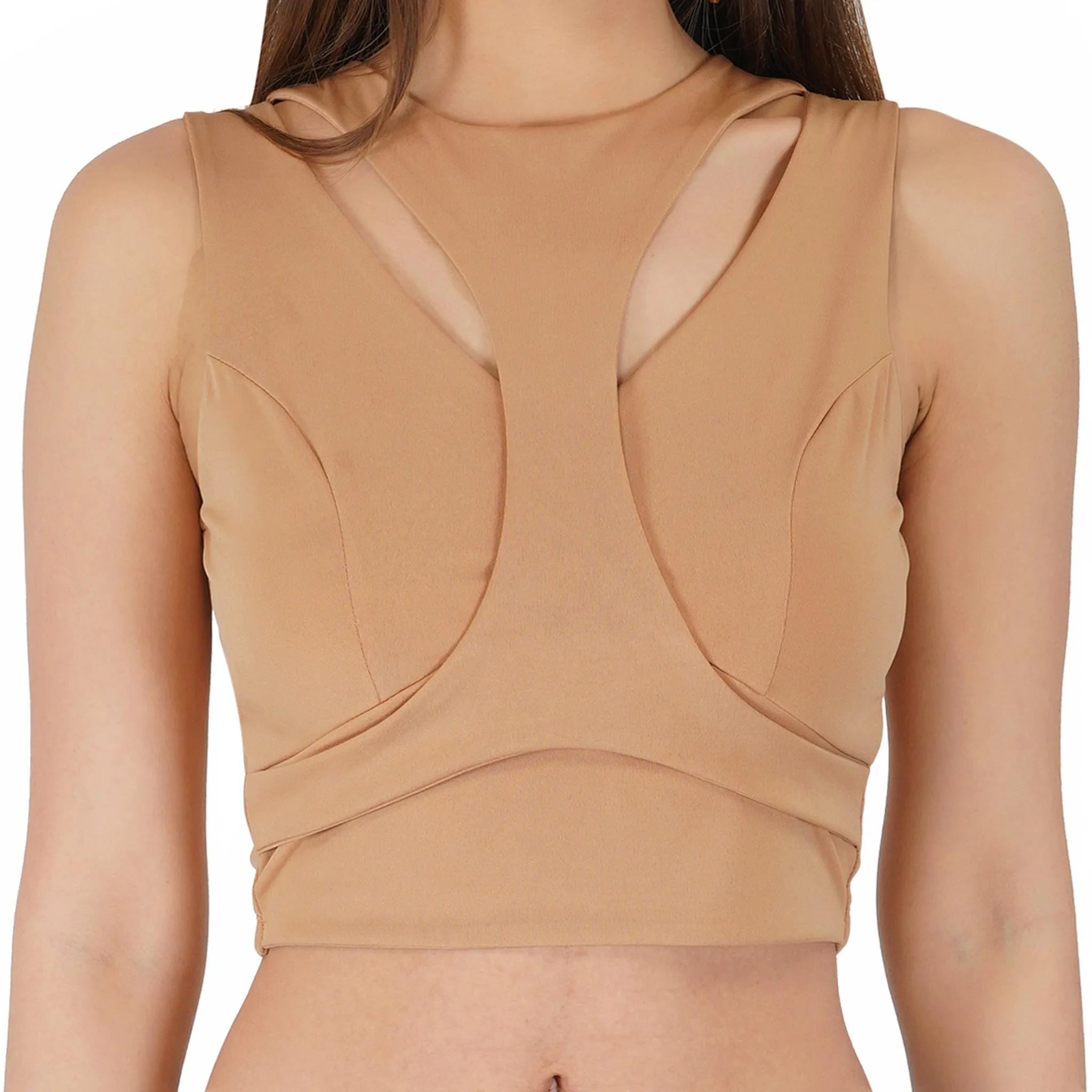 SLAY. Women's Beige Sleeveless Asymmetric Crop Top