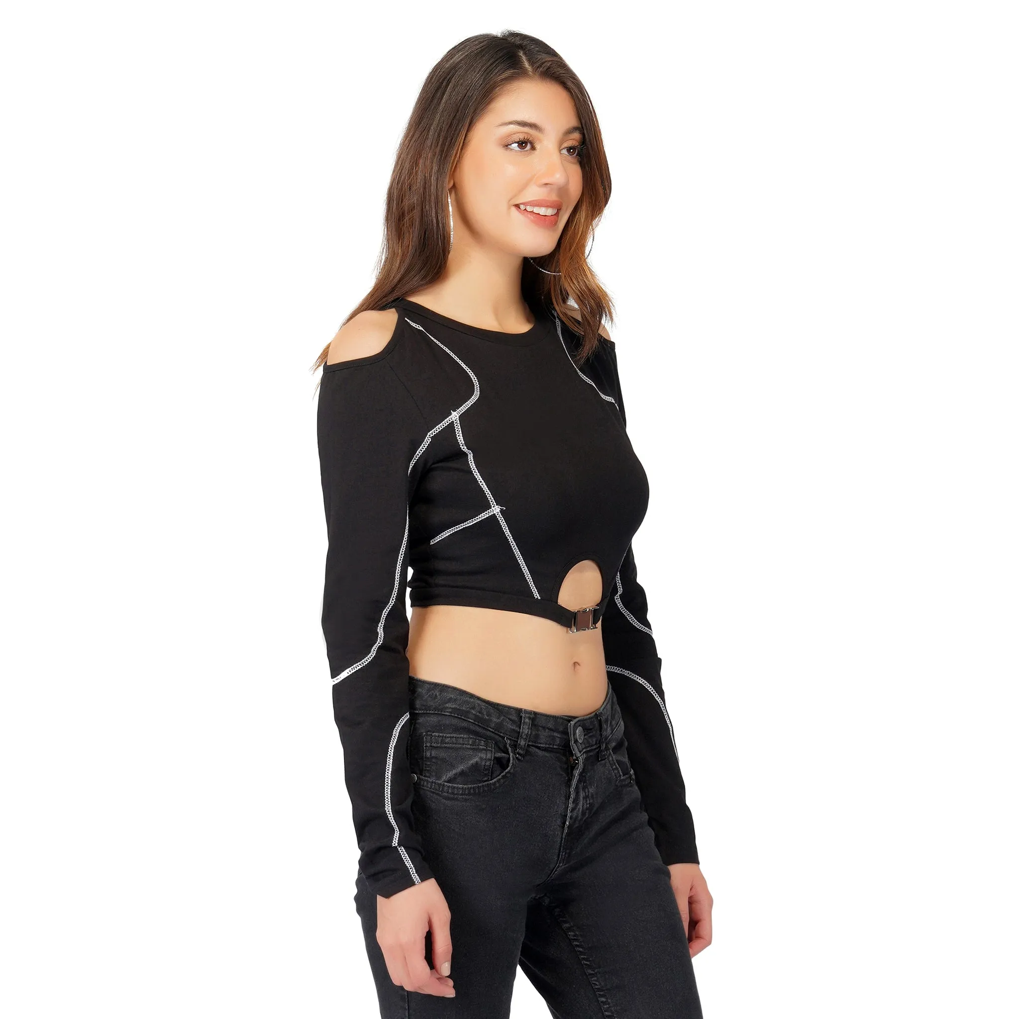 SLAY. Women's Gothic Dark Panelled Full Sleeves Off Shoulder Midriff Crop top