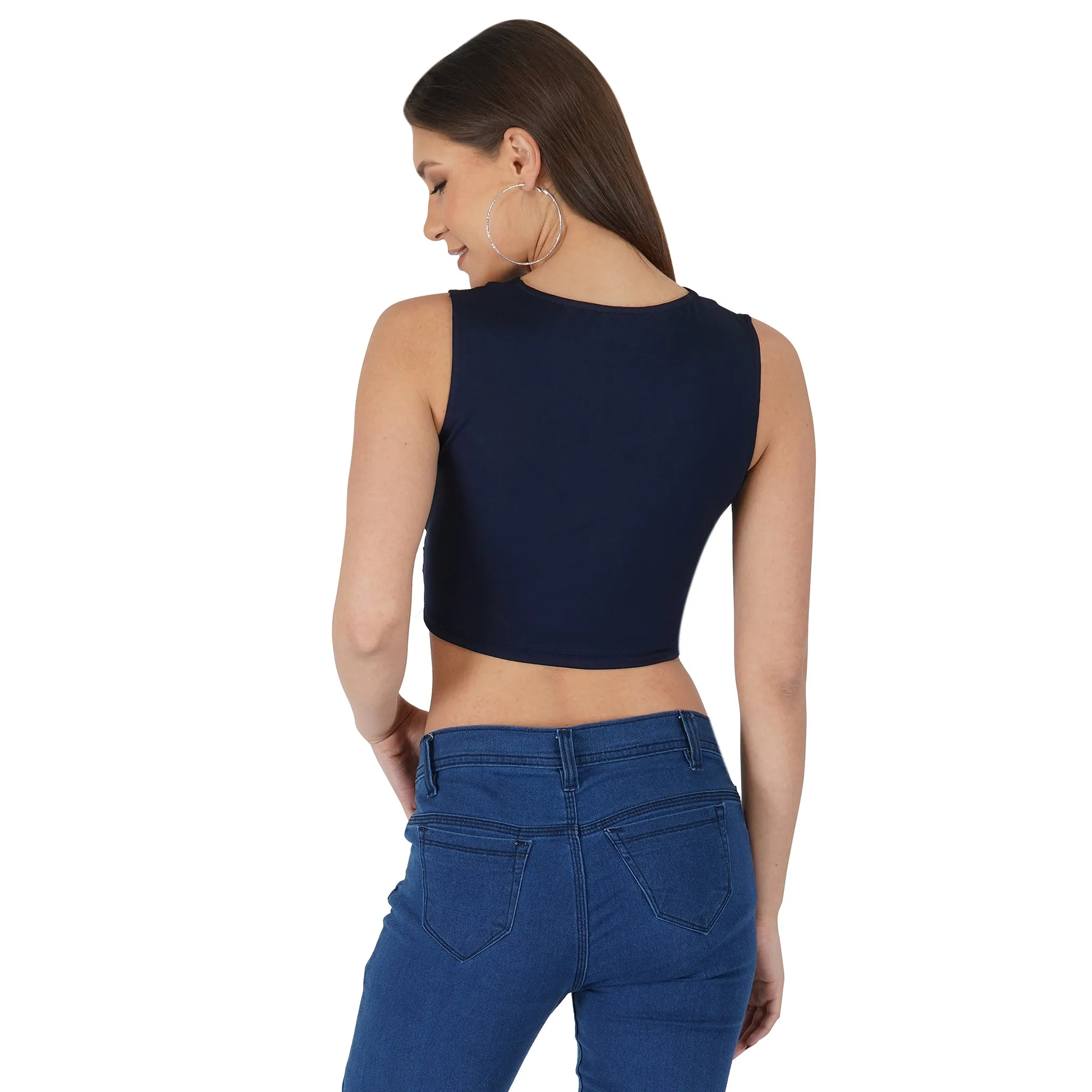 SLAY. Women's Navy Blue Sleeveless Asymmetric Crop Top