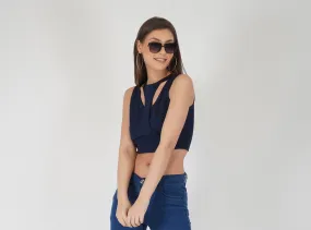 SLAY. Women's Navy Blue Sleeveless Asymmetric Crop Top