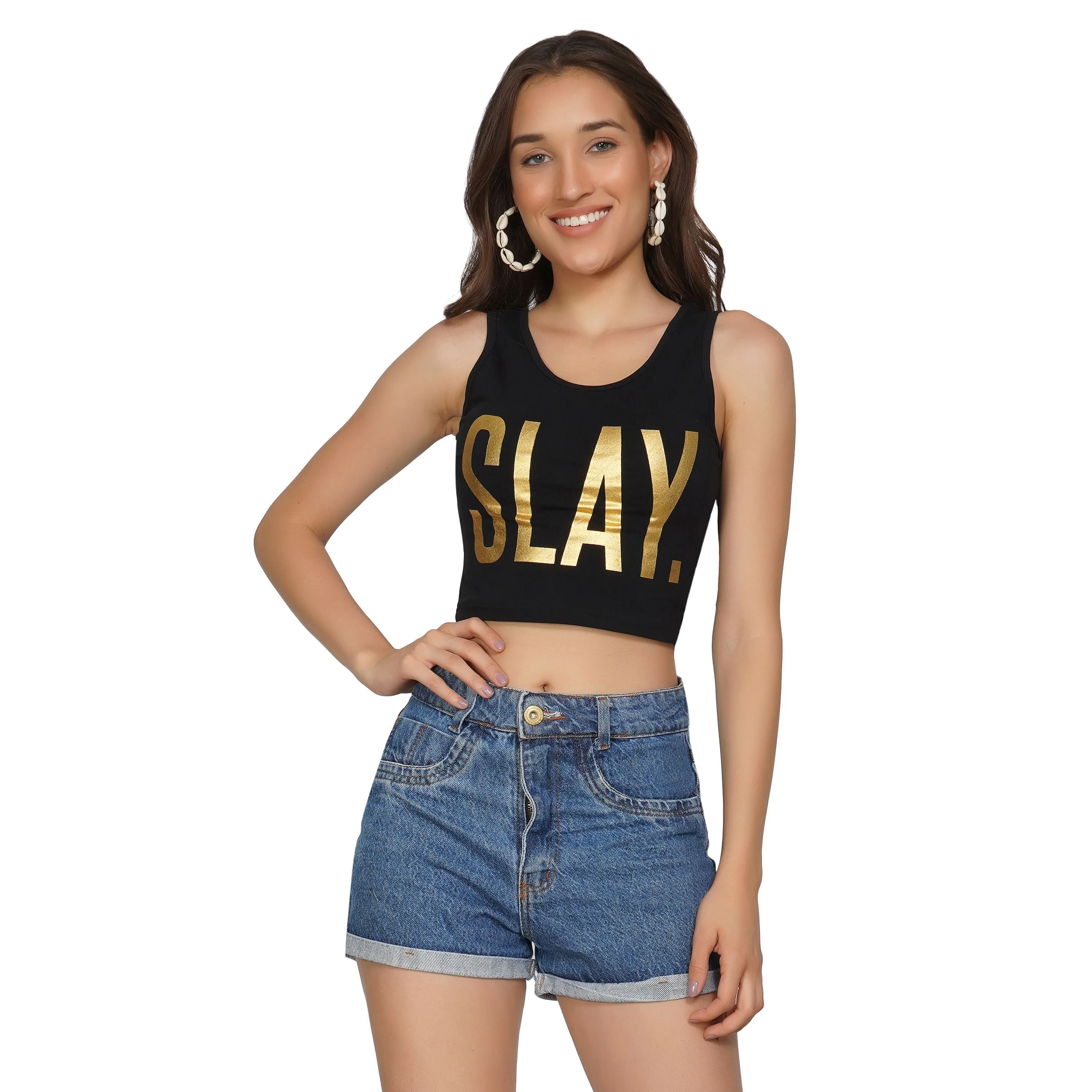 SLAY. Women's Straight Leg Shorts Denim Folded Bottom